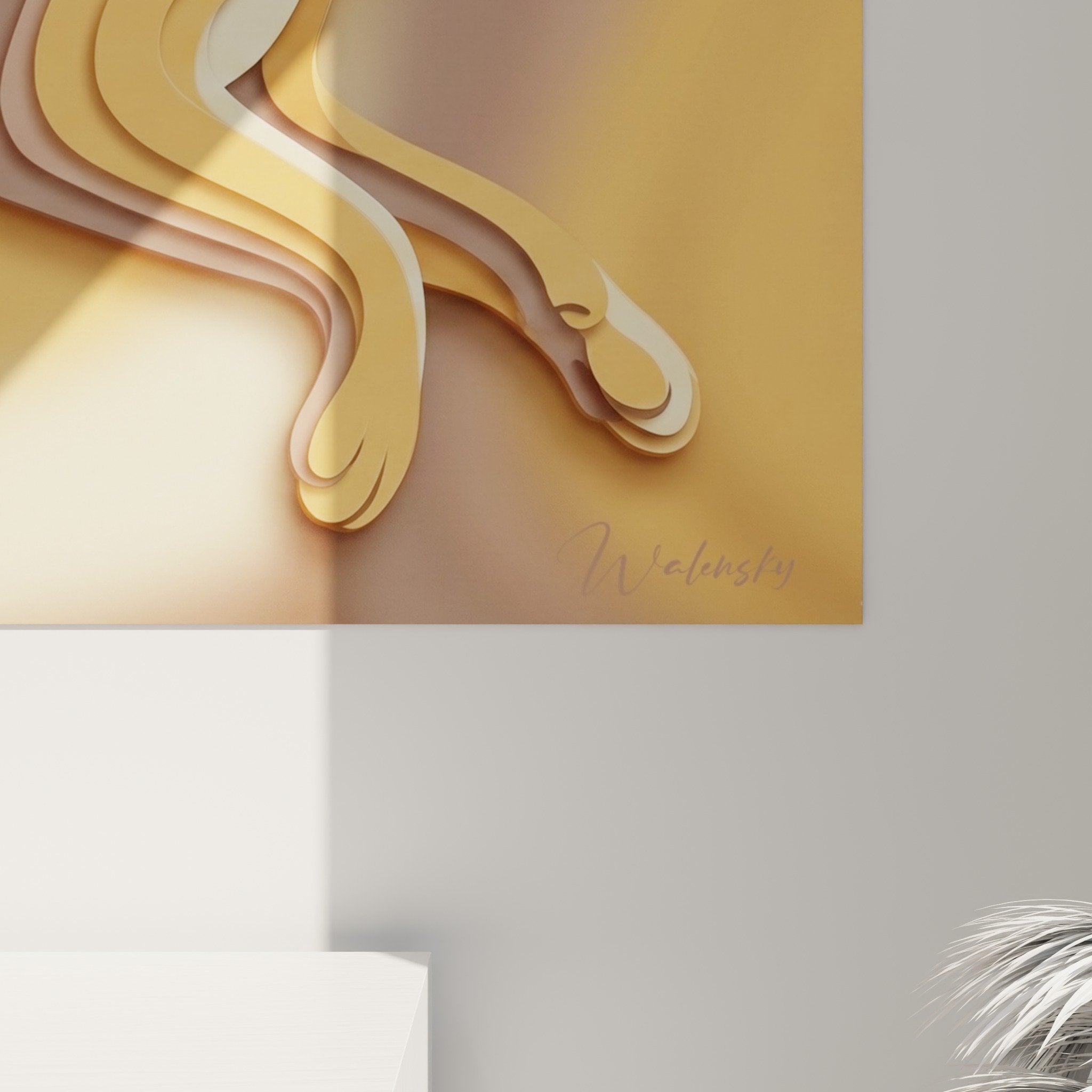 Gesamtansicht Caracal-Sprung Gemälde moderne Wanddekoration goldene Beige-Töne zeitgenössisches Wohnzimmer