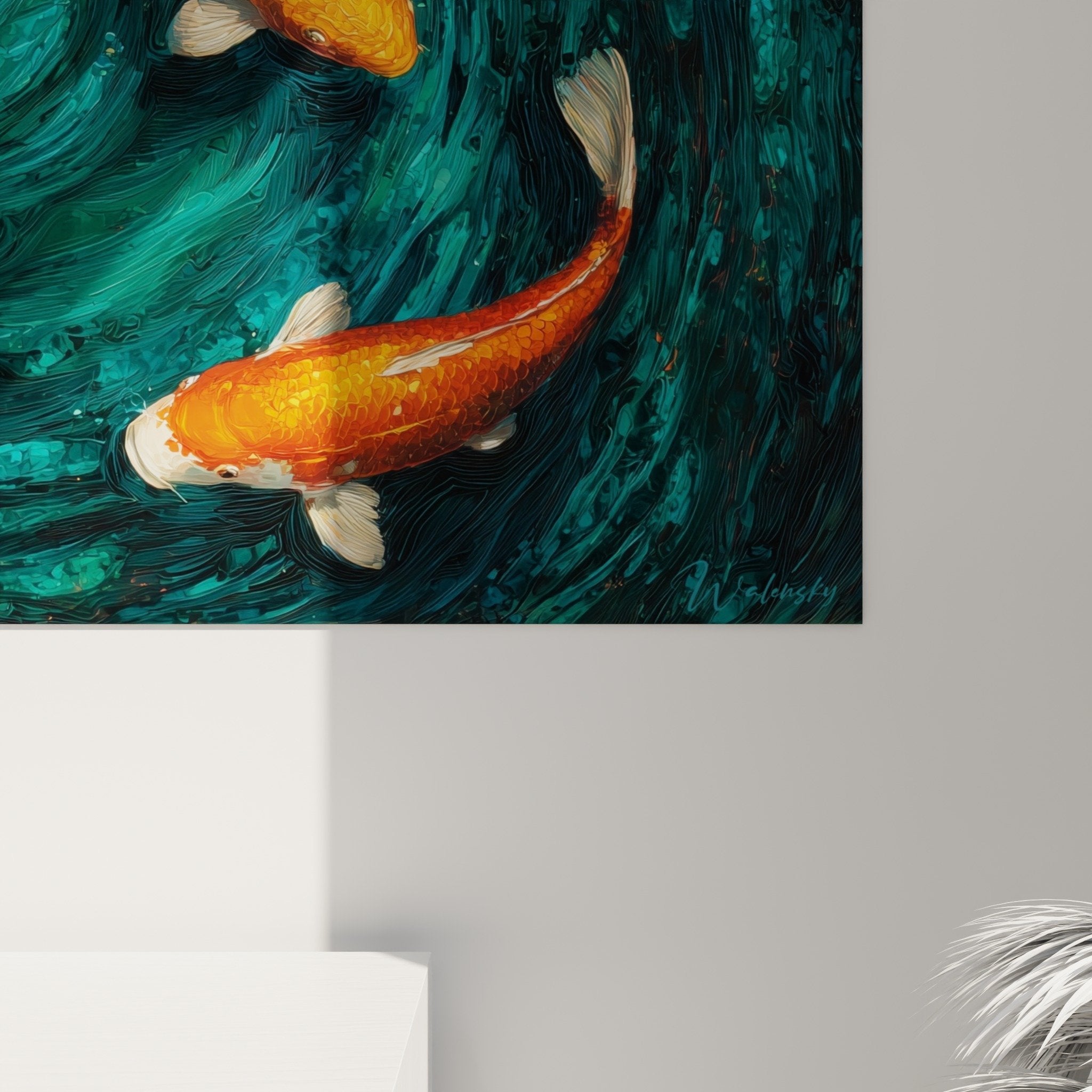 Vue ensemble tableau carpes koi bassin nenuphars decoration murale style aquatique zen japonais