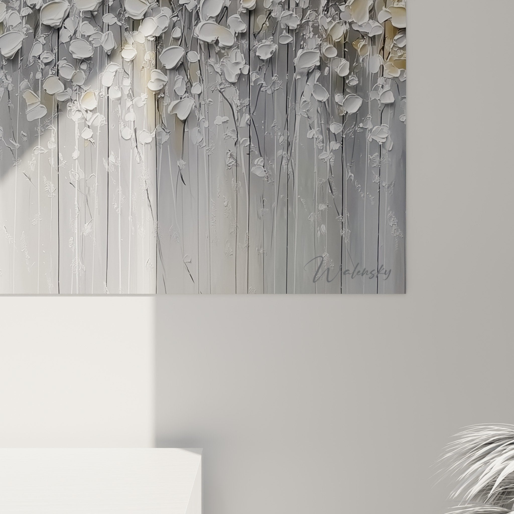 vue ensemble tableau cascade feuillage argente texture murale decoration feng shui ouest metal panoramique