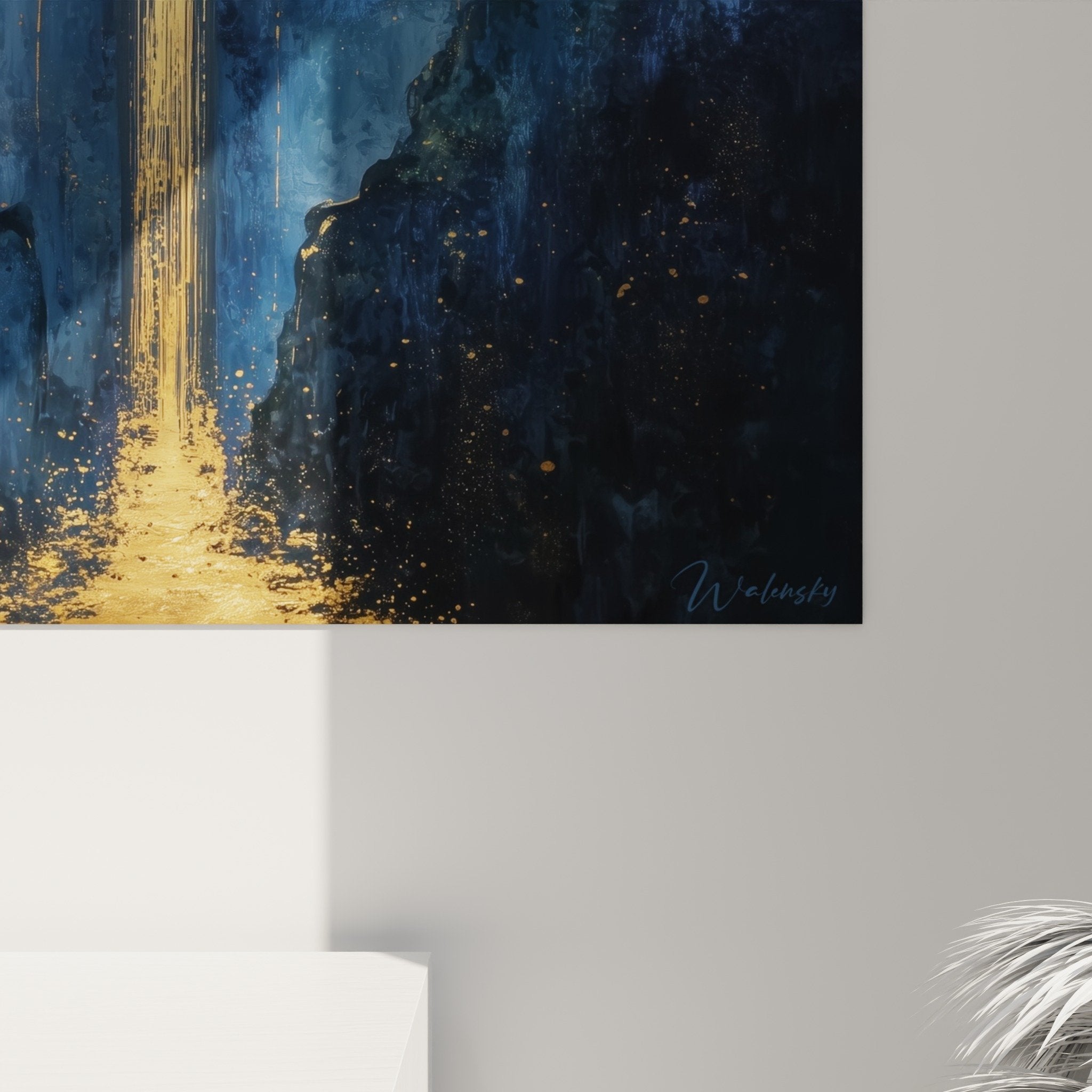 Full view mystical waterfall artwork blue and gold tones feng shui north water decoration