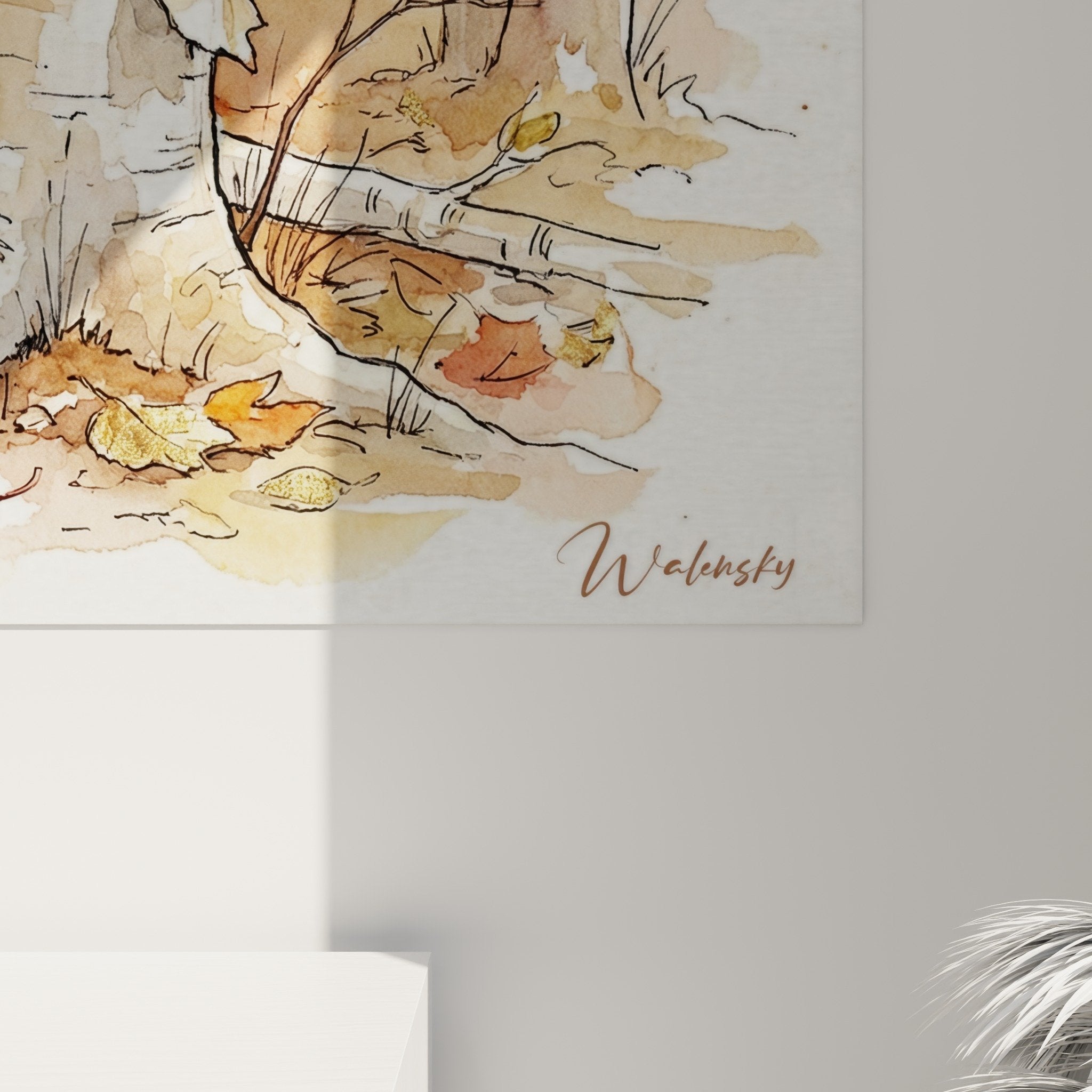 Gesamtansicht Wandbild Biber Wald Birkenbäume Innendekoration Natur Herbsttöne