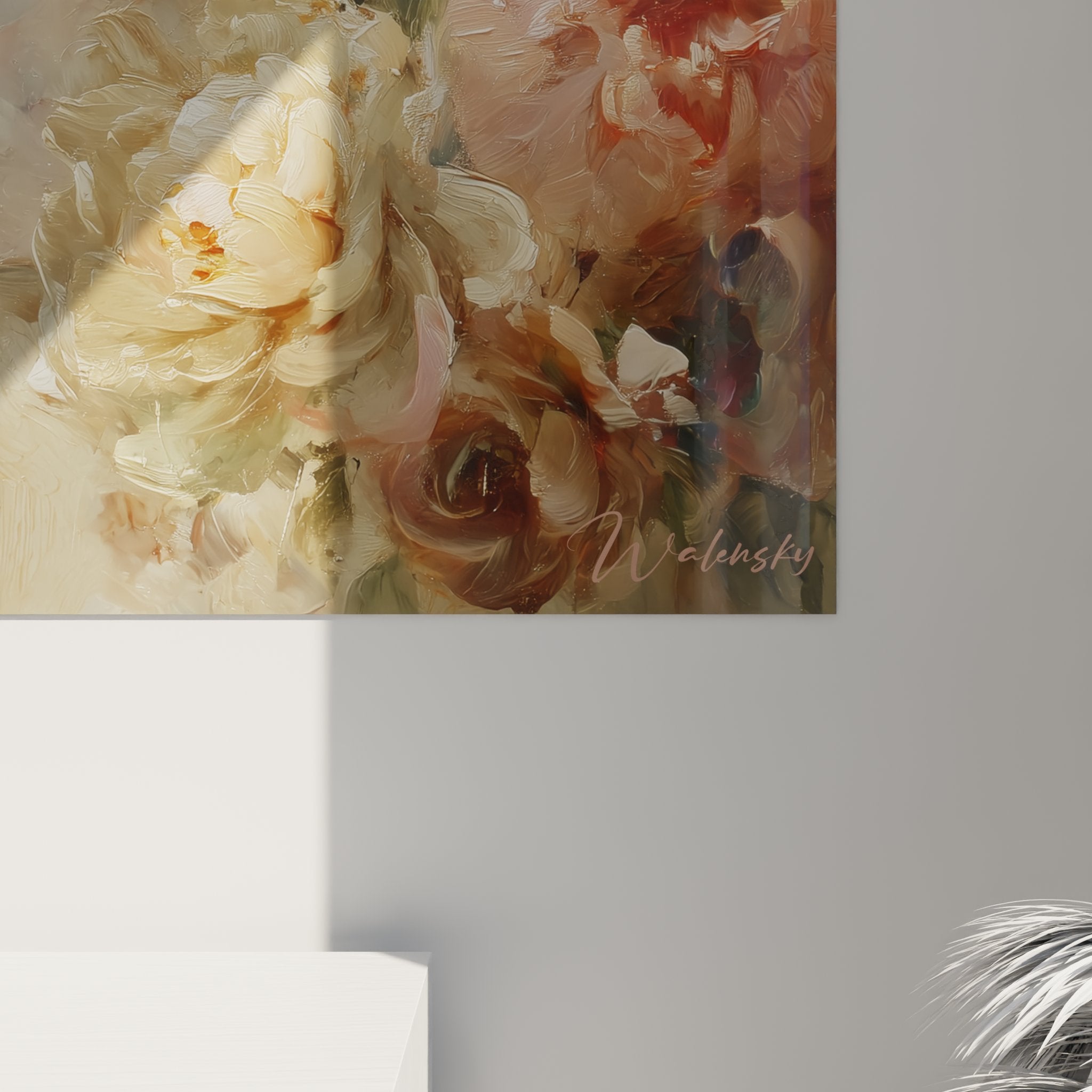 Vue ensemble Tableau Cavalier King Charles chiot fleurs roses decoration murale art animalier romantique