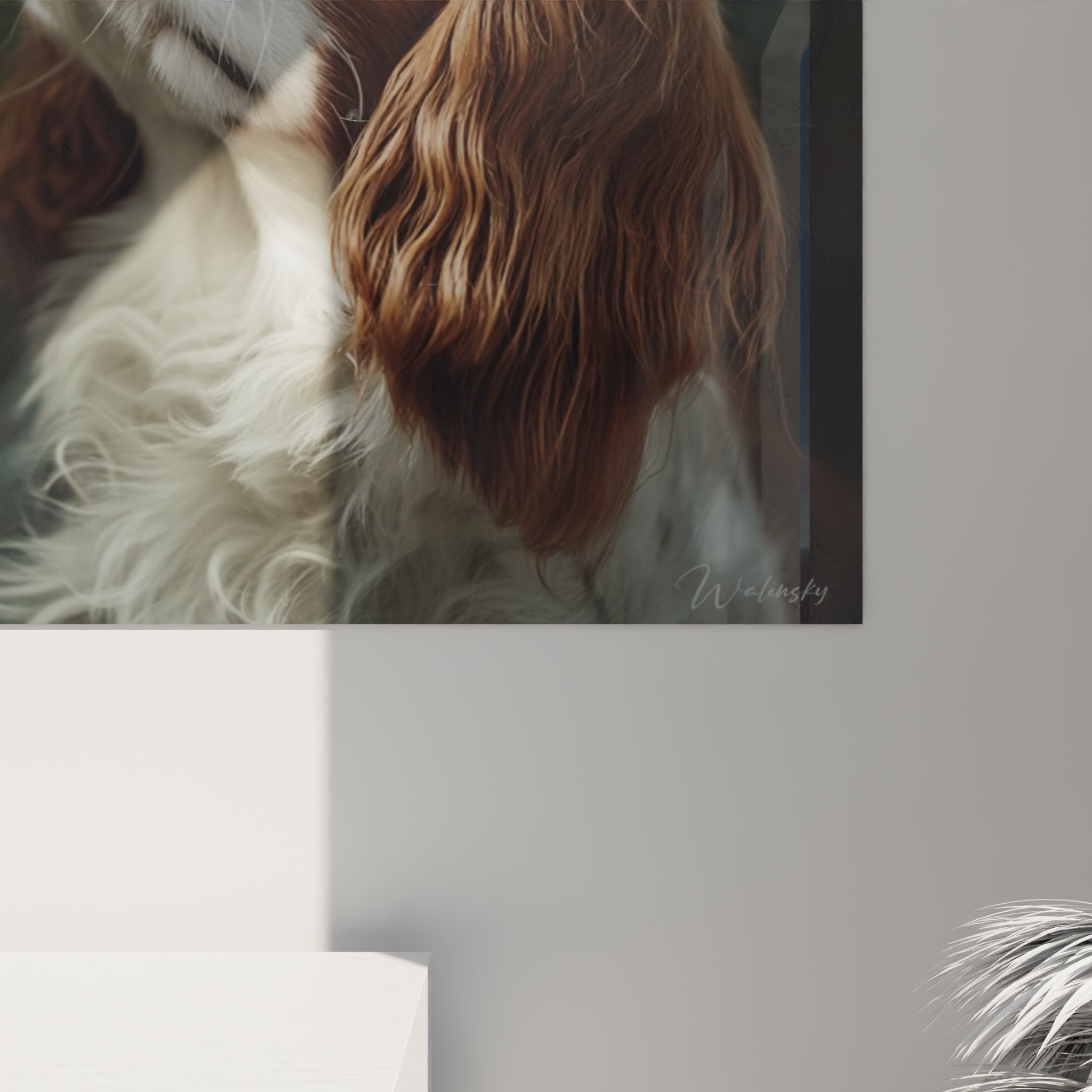 Vue d'ensemble tableau Cavalier King Charles roux, composition florale délicate, art mural nature