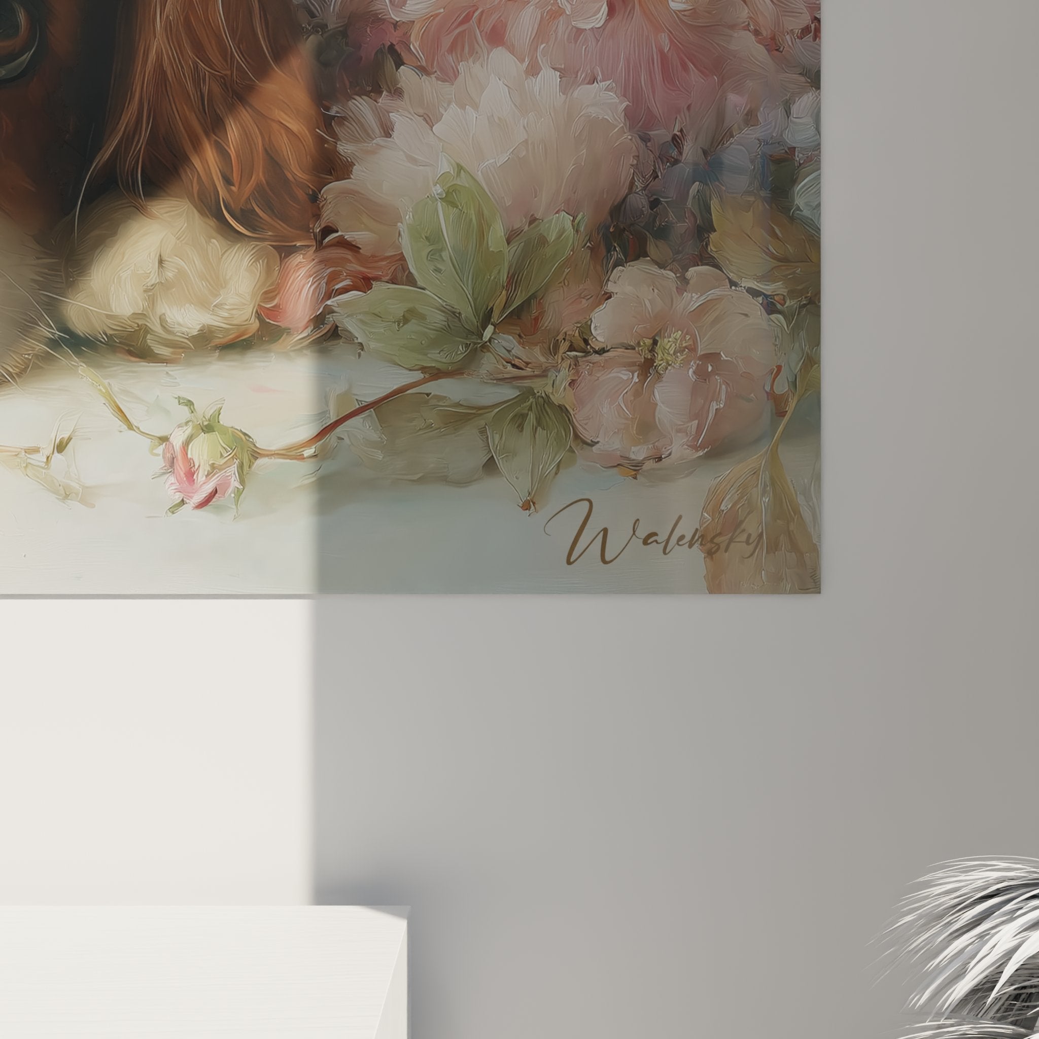 Vue d'ensemble tableau décoratif cavalier king charles florale style romantique pour intérieur chaleureux