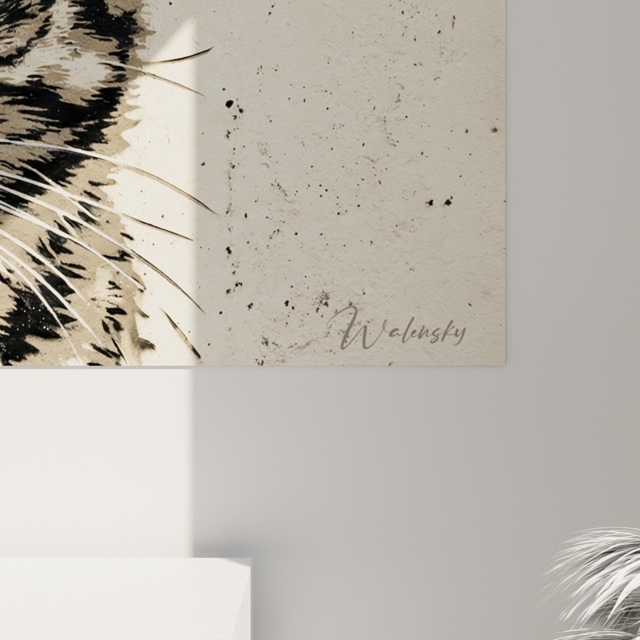 Vue ensemble tableau mural chat tigre street art pochoir decoration interieur moderne cadre elegant