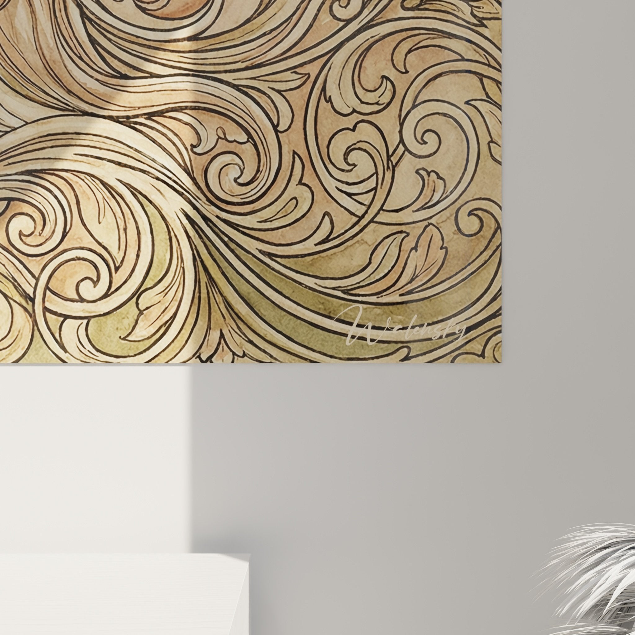 Overview decorative painting Shih Tzu dog baroque arabesques golden copper tones