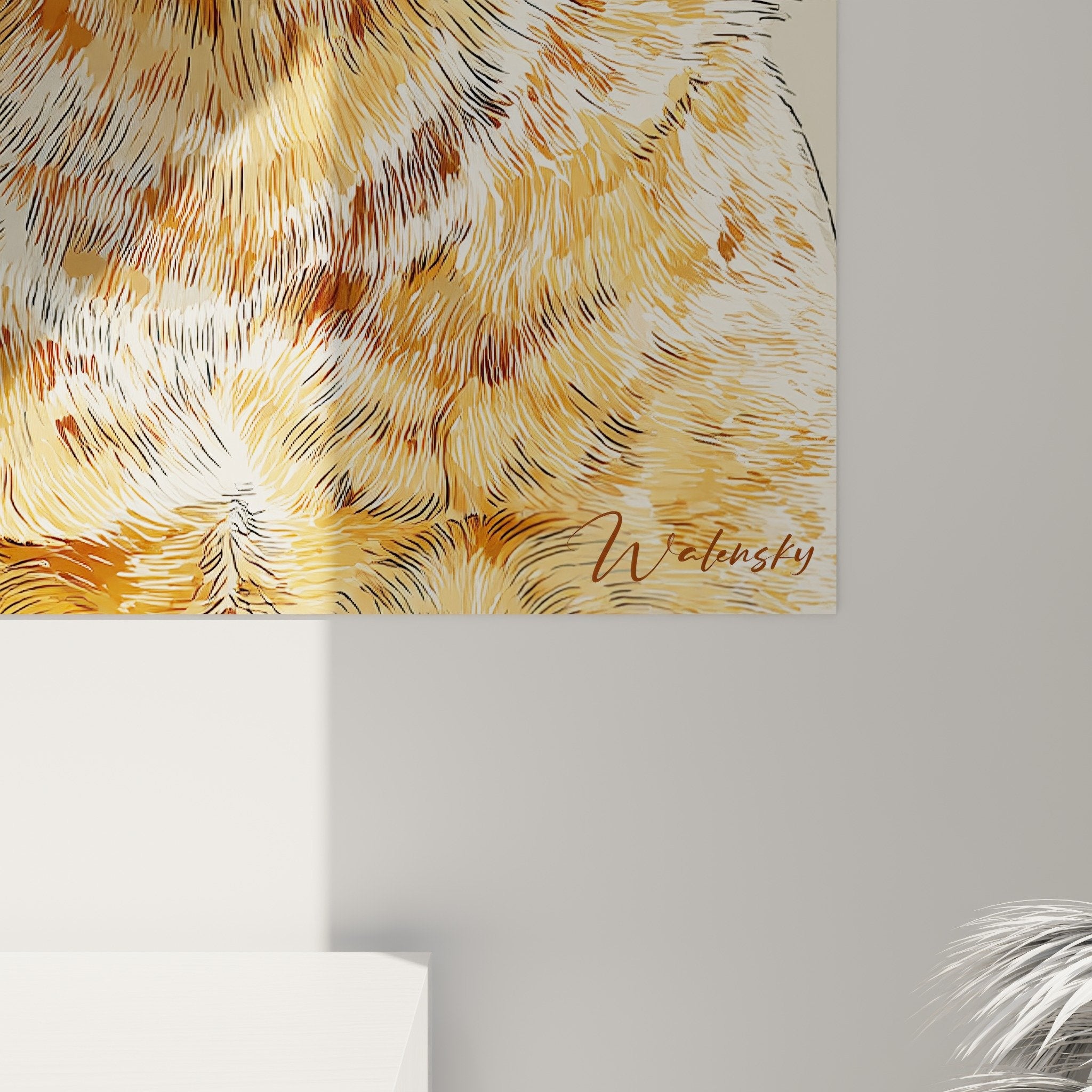 Vue perspective tableau Australian Cattle Dog - Portrait chien roux format vertical sur mur blanc épuré