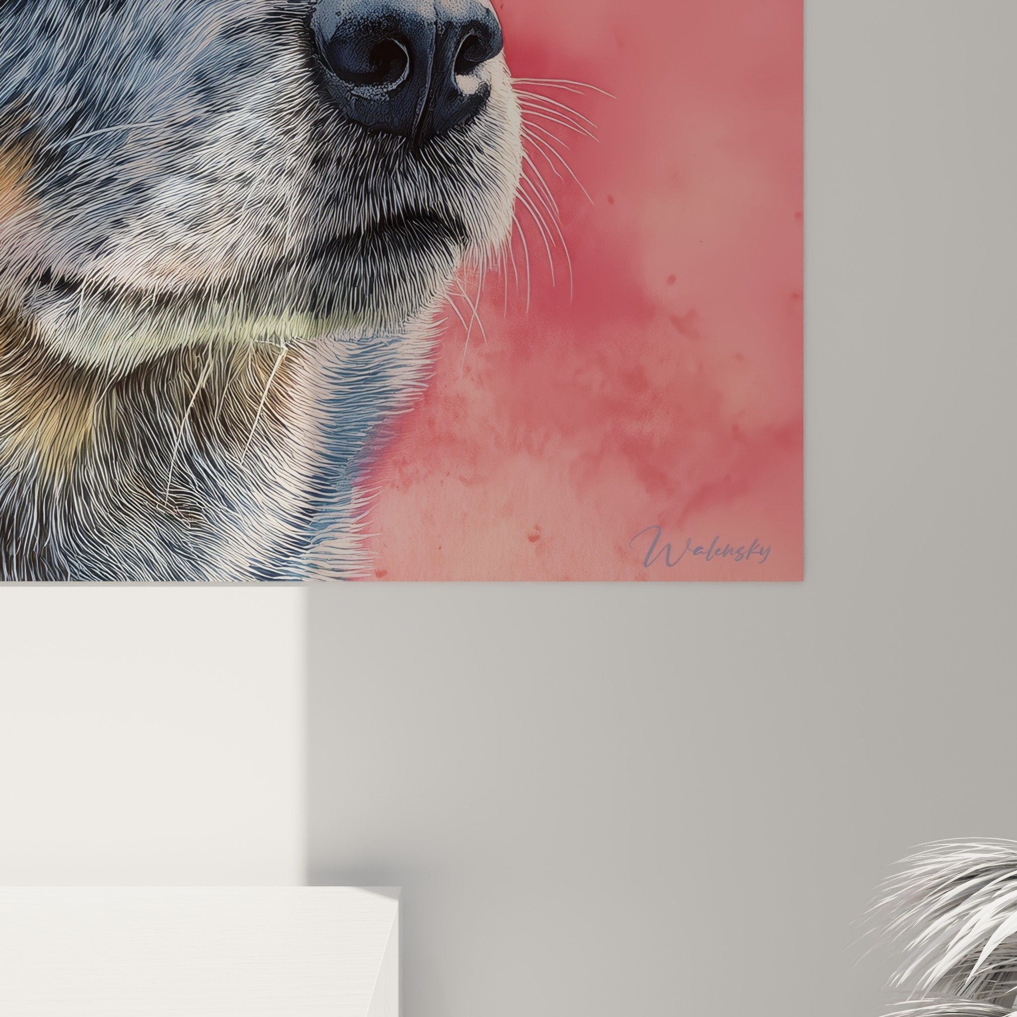 Vue d'ensemble tableau chien berger australien fond corail décoration murale art contemporain réaliste