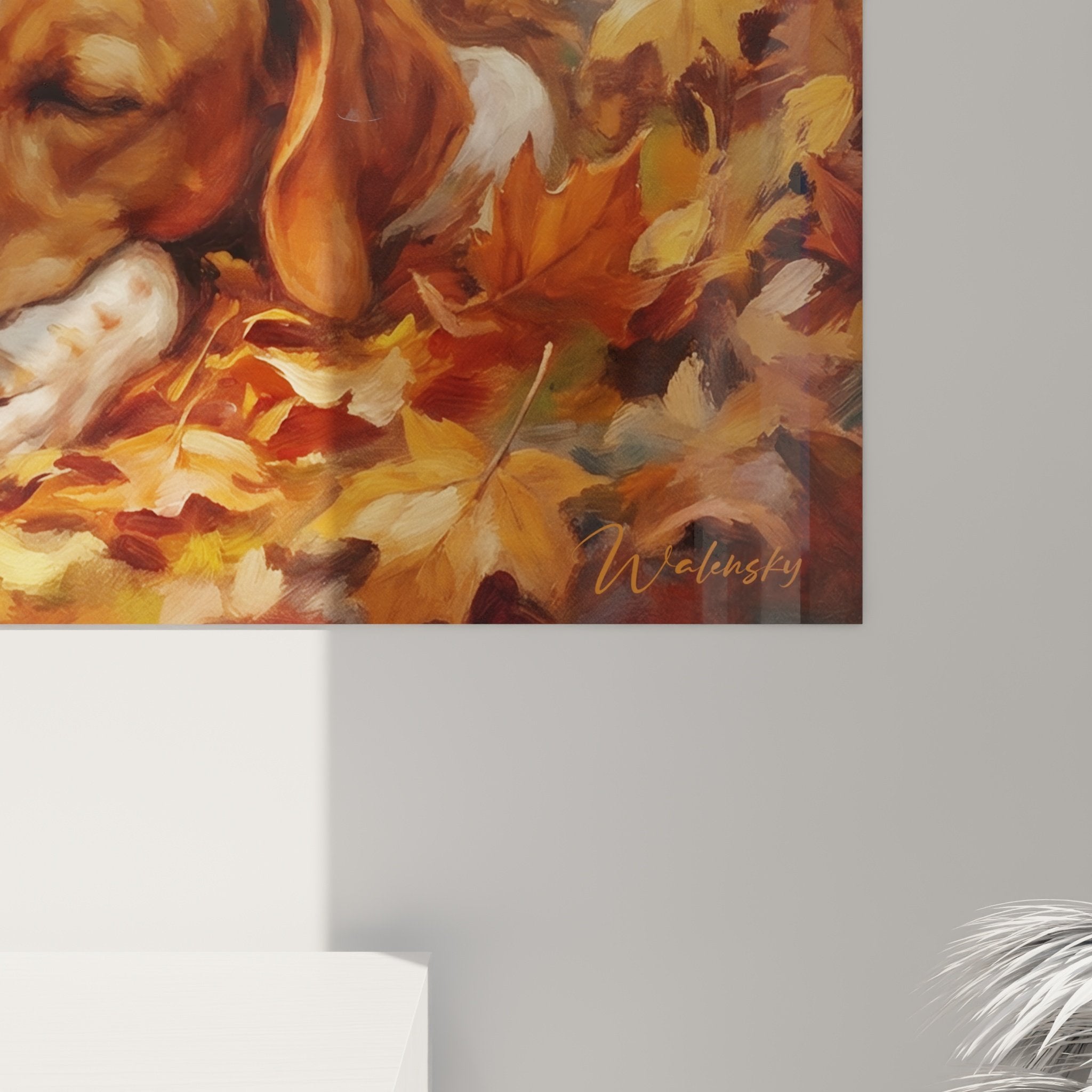 Vue ensemble tableau chien endormi automne pointer anglais decoration interieur peinture animaliere murale
