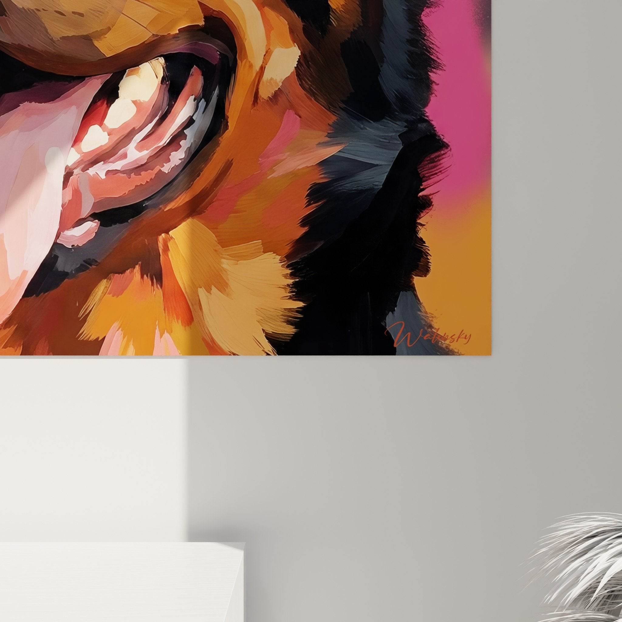 Vue ensemble tableau chien Beauceron portrait coloré fond rose corail décoration murale art canin moderne