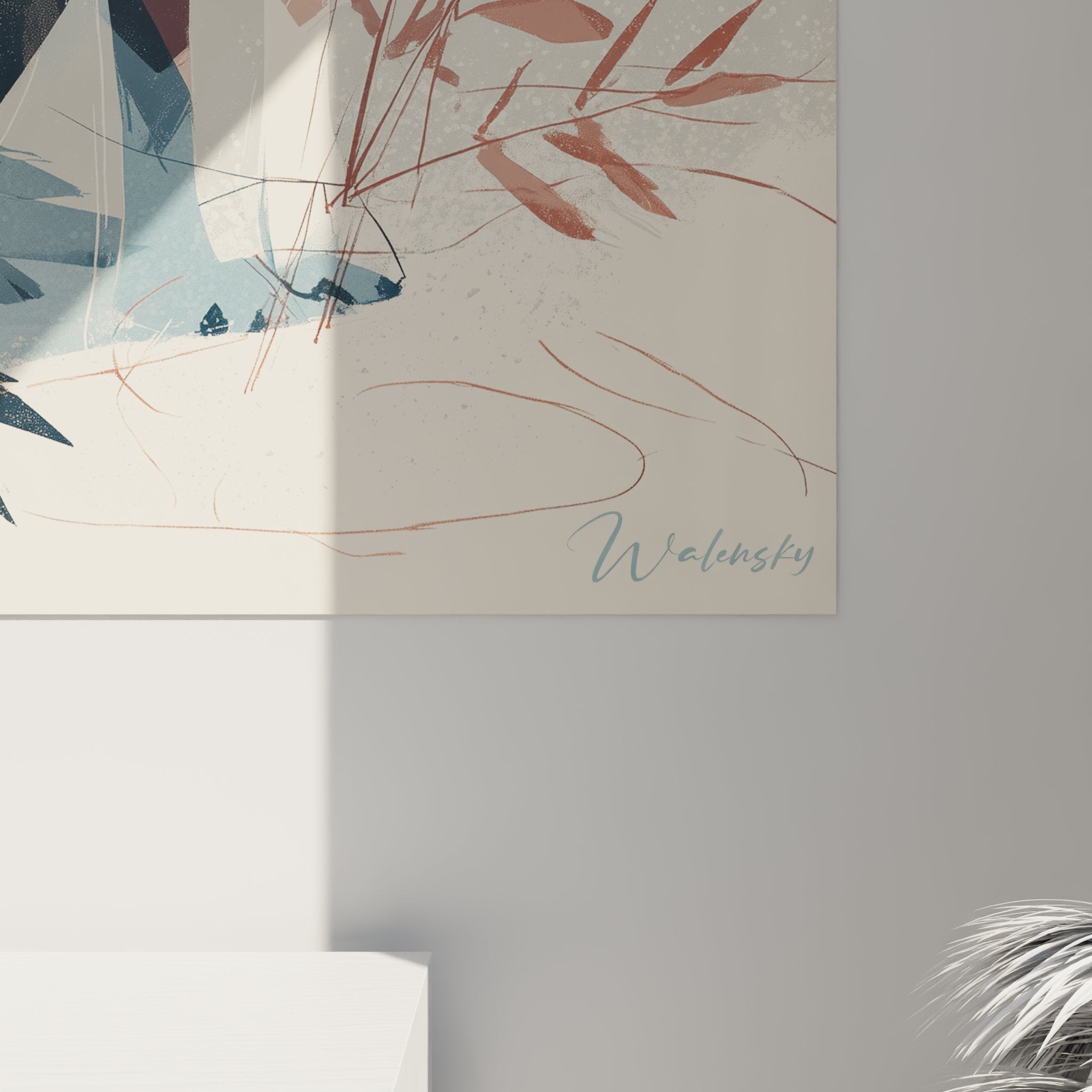 Gesamtansicht Border Collie Gemälde modern, Komposition stilisierte Gräser Hintergrund pudrige Töne