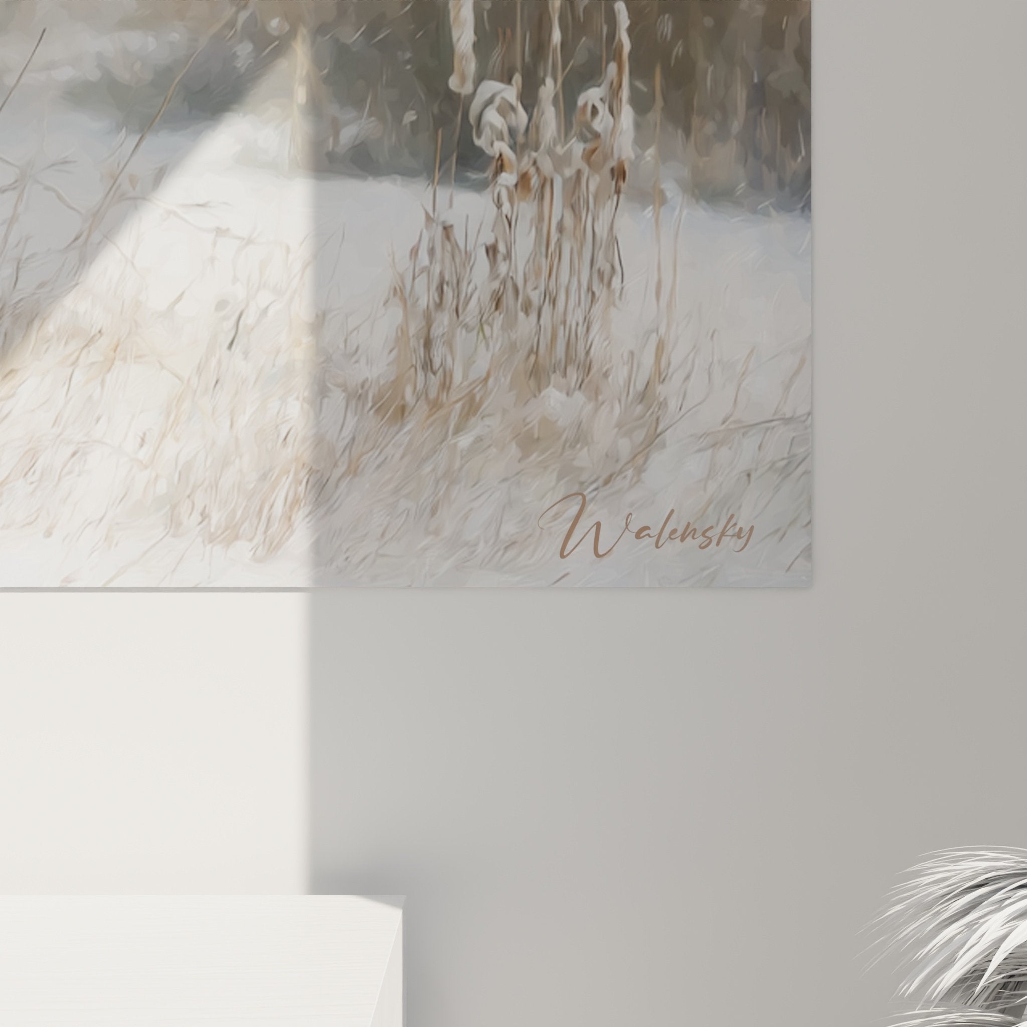 Vue ensemble tableau chien chasse hiver, cadre moderne, integration déco murale élégante contemporaine