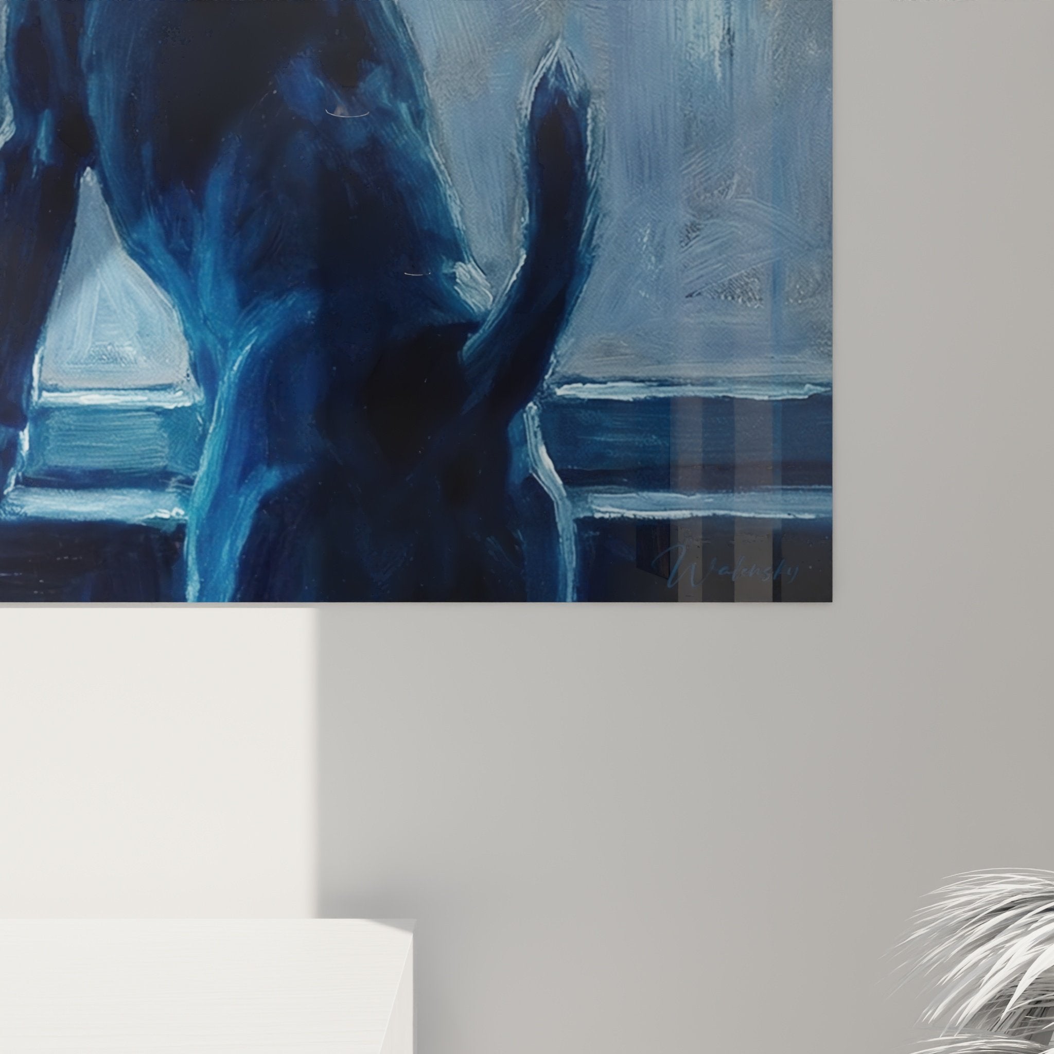 Full view Jack Russell contemplative moon painting blue palette modern interior decoration