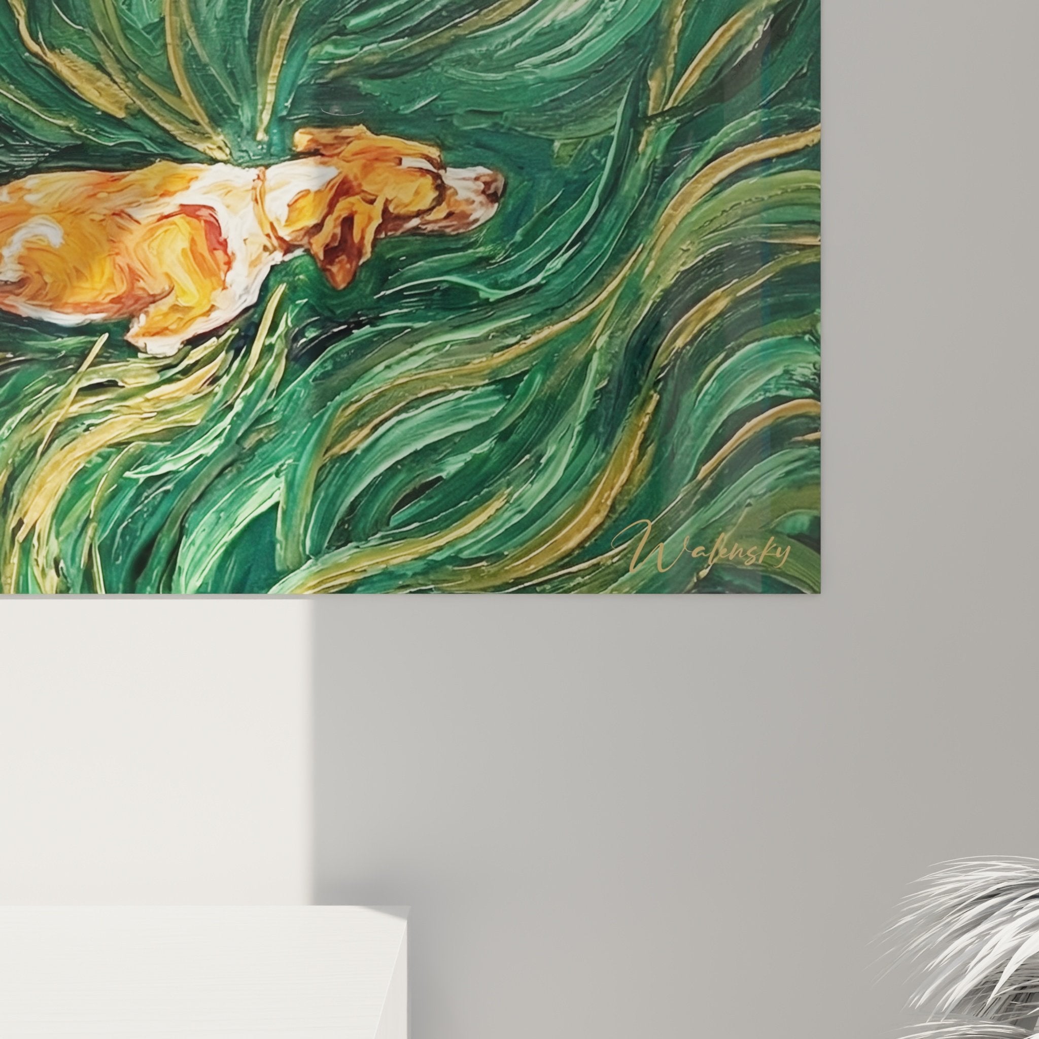 Vue ensemble tableau chien course tourbillon vert decoration interieur moderne nature dynamique