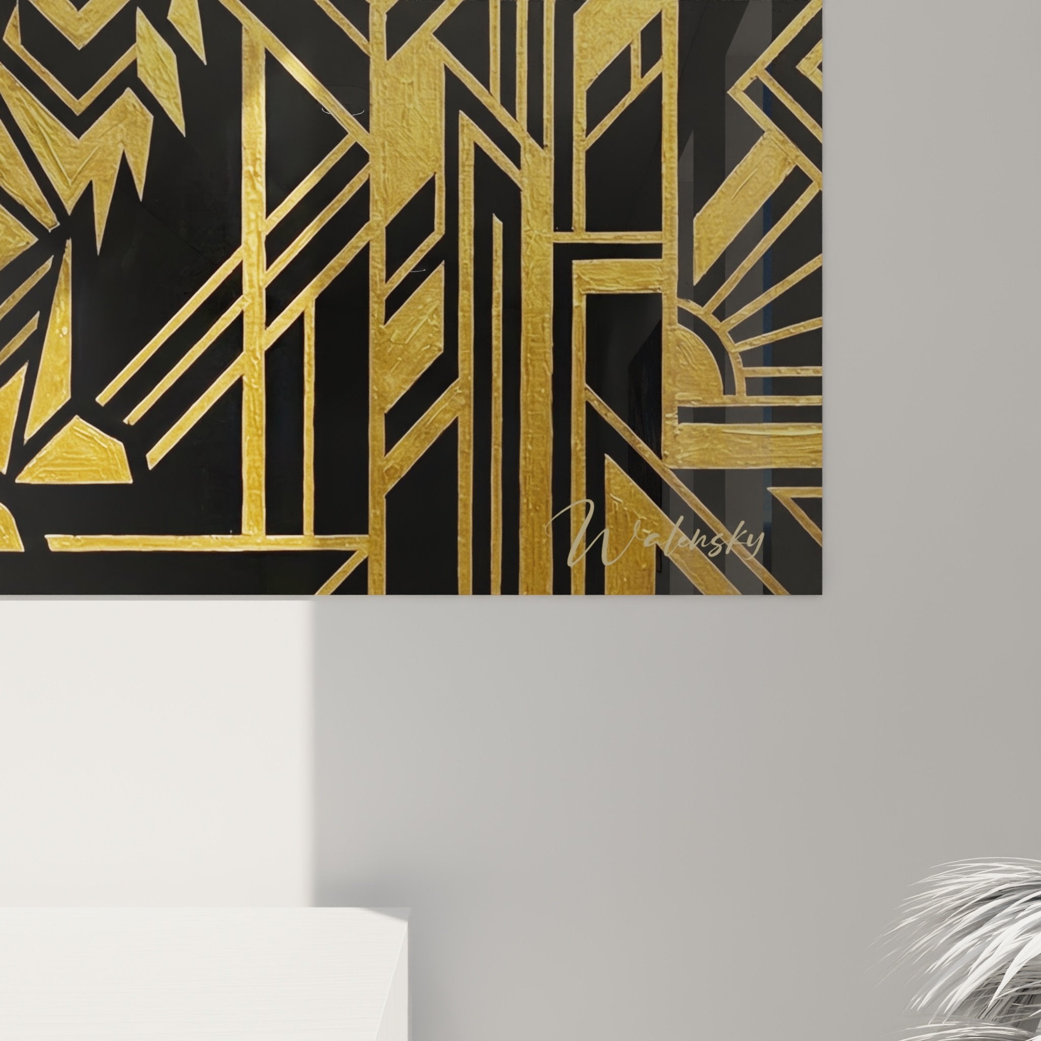 Gesamtansicht Yorkshire Terrier Gemälde gold Art-Deco-Stil geometrische Muster Luxus Wanddekoration