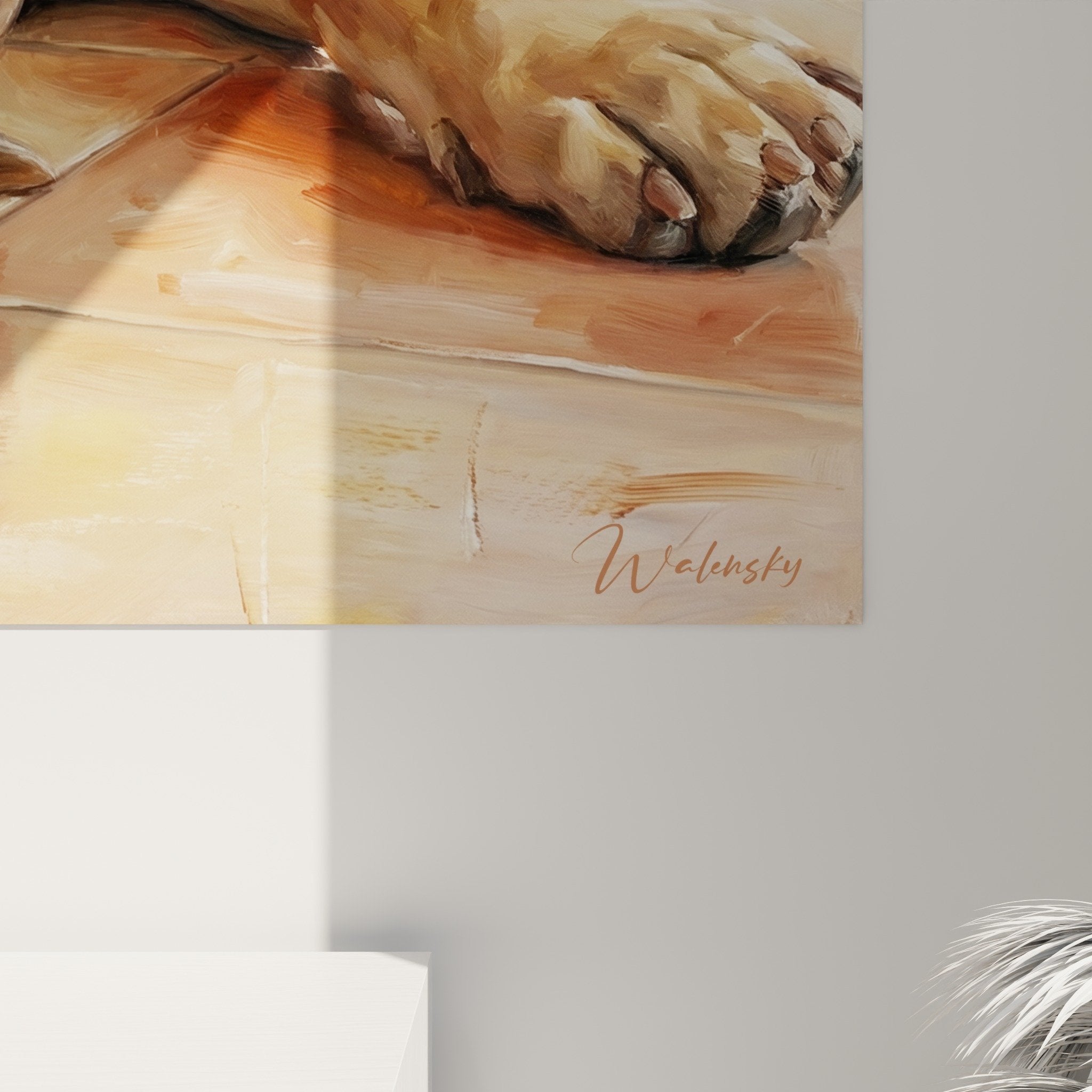 Vue ensemble tableau Fila Brasileiro tons dorés intégration décoration intérieure style chaleureux naturel