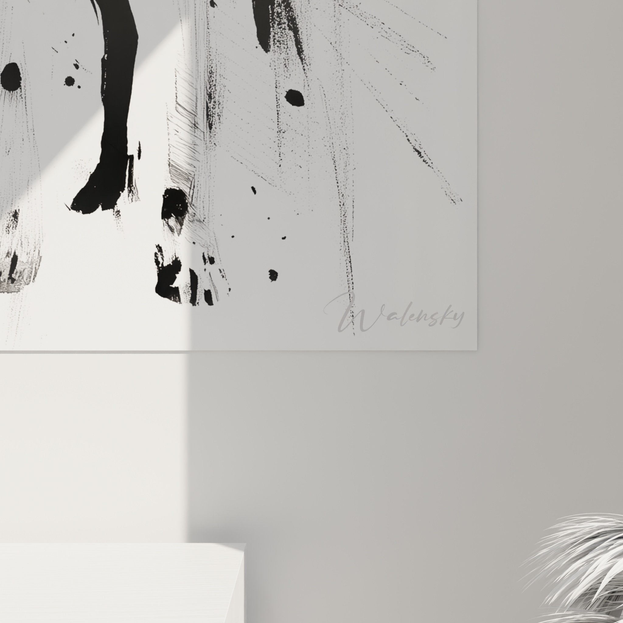 Vue ensemble tableau dalmatien expressionniste, art canin contemporain noir blanc décoration intérieur moderne