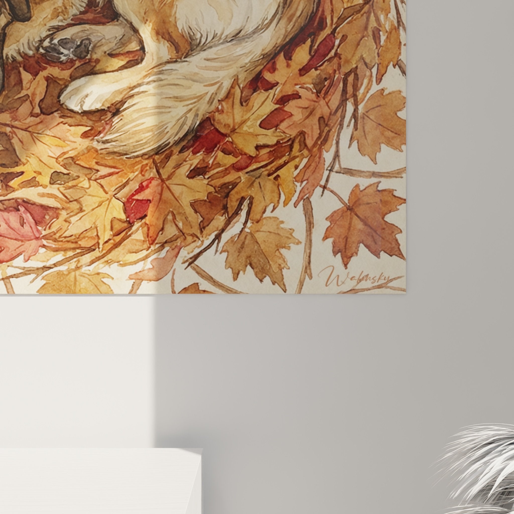 vue ensemble tableau chien endormi feuilles automne decoration interieur tons dores