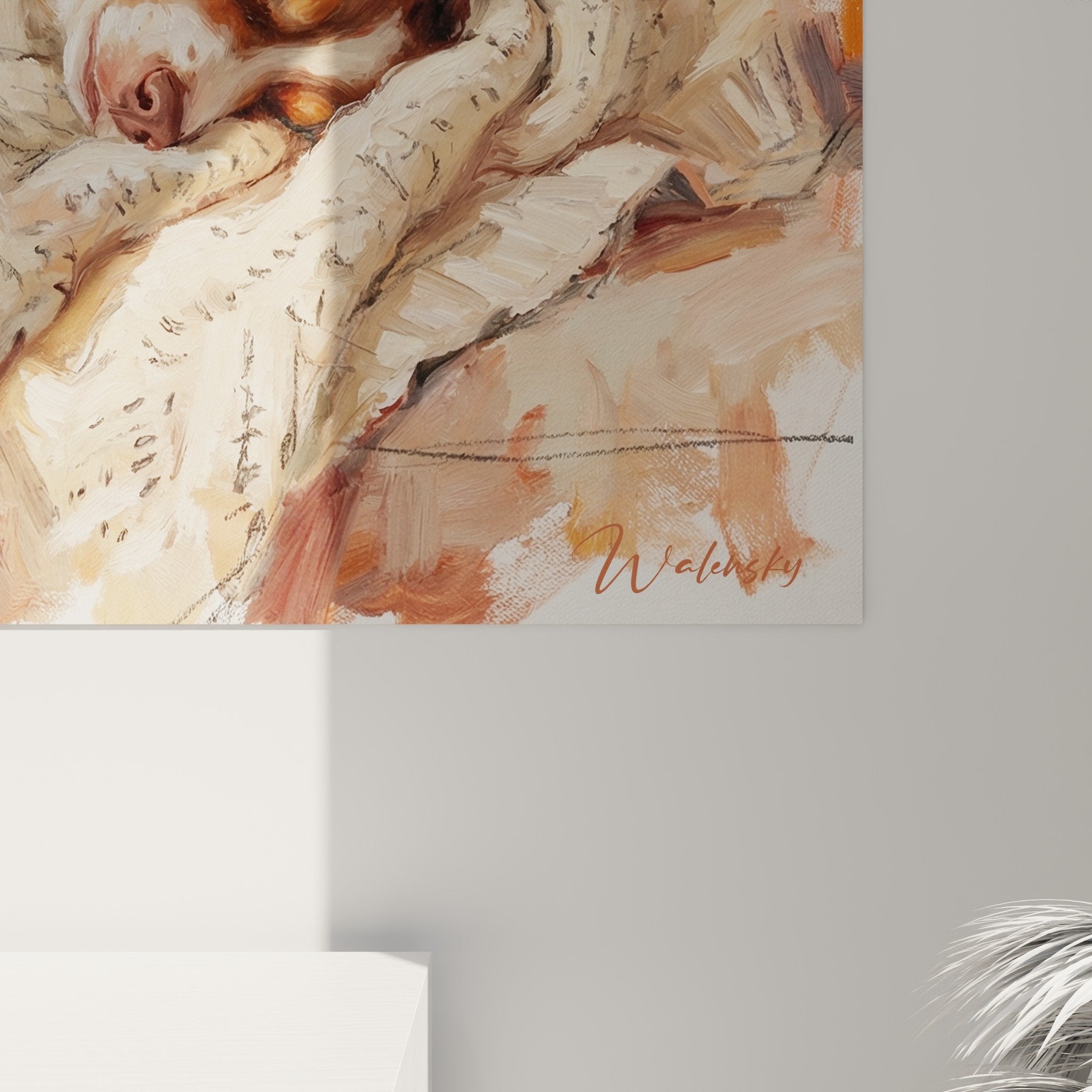 Vue ensemble tableau chien paisible canapé, palette chromatique chaleureuse beige orange style artistique