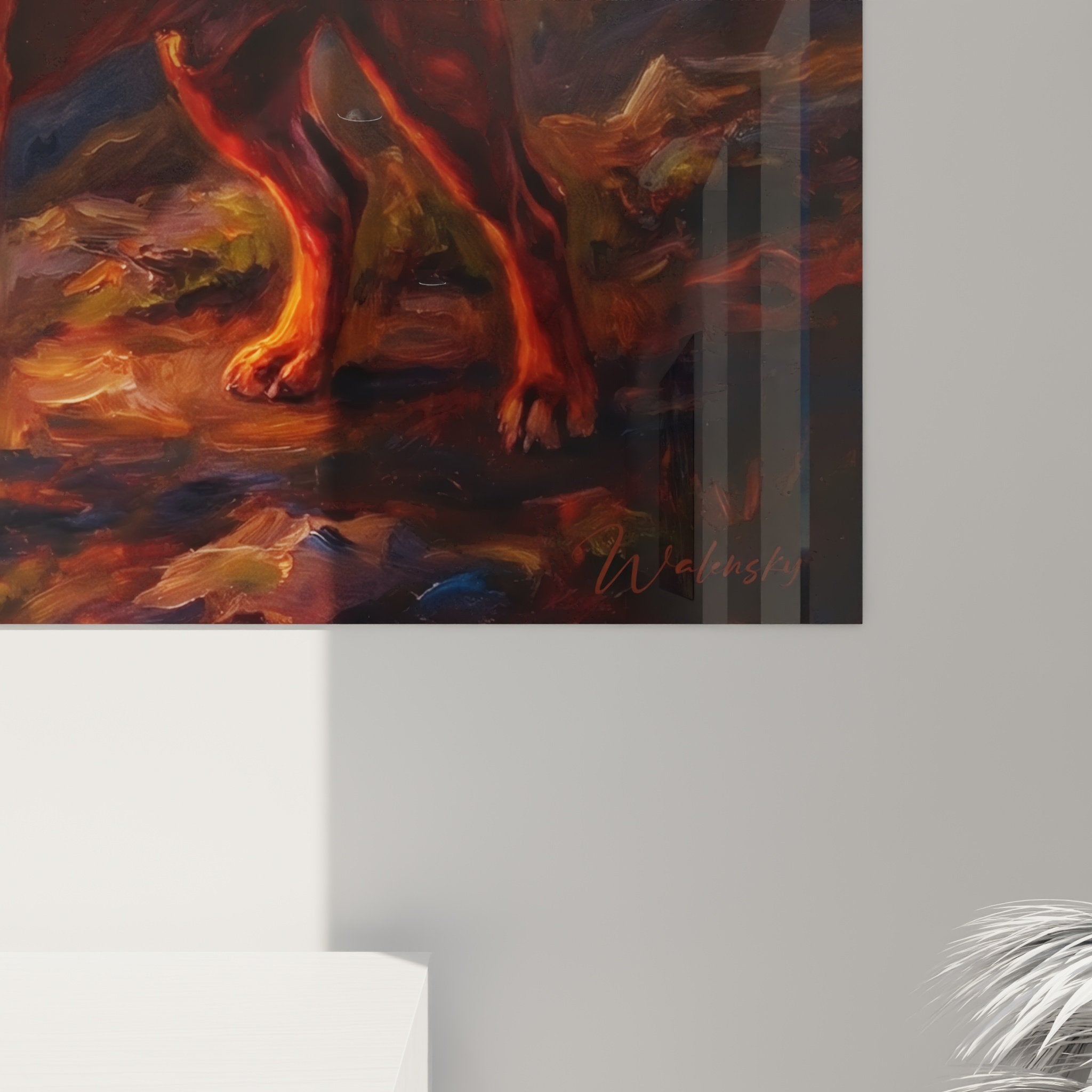 Vue ensemble tableau chien roux falaise ocean coucher soleil decoration murale