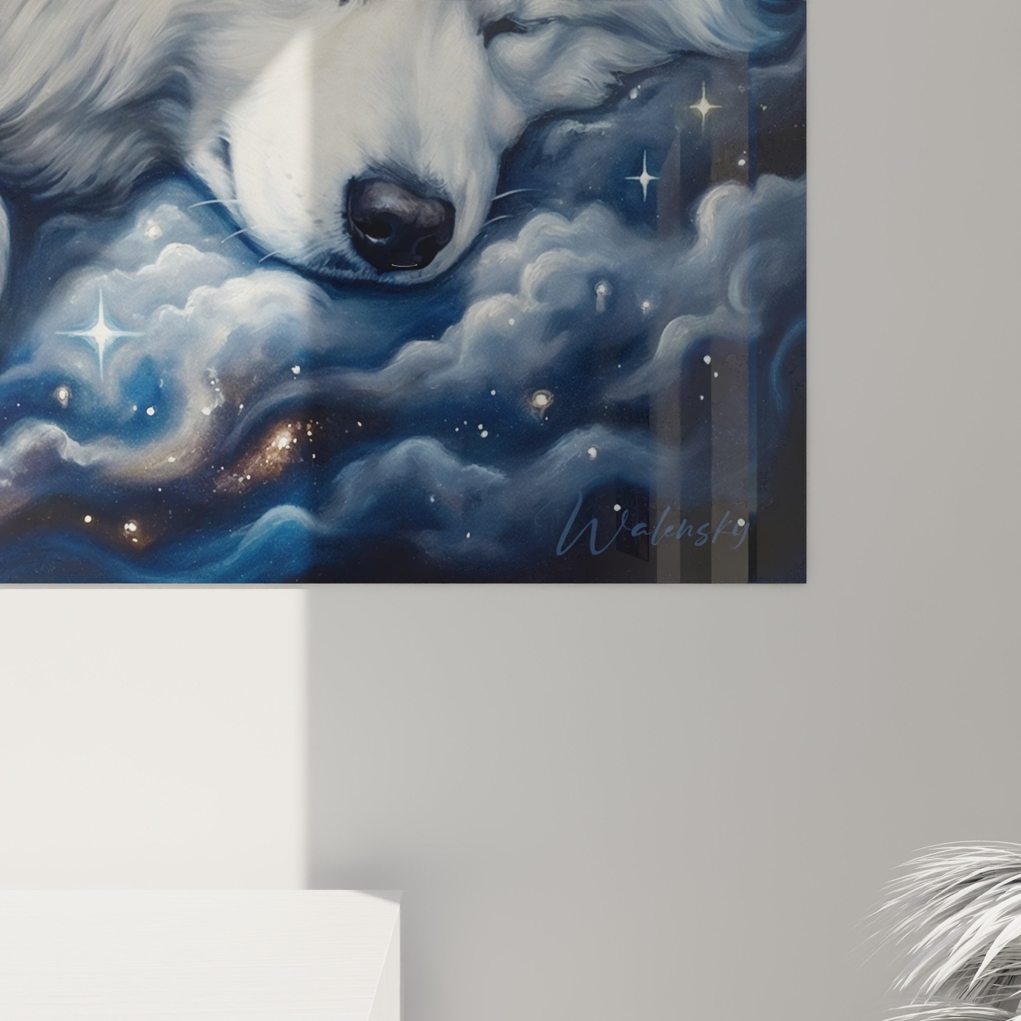 Vue ensemble tableau surrealiste chien blanc galaxies etoiles horloge temps suspendu reve