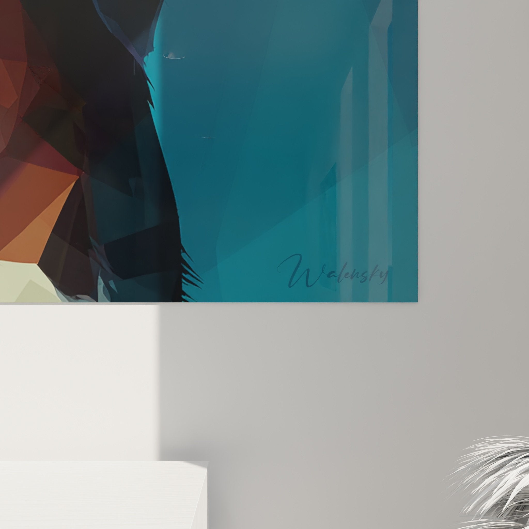 Gesamtansicht eines geometrischen Berner Sennenhund-Gemäldes in einem zeitgenössischen Interieur an weißer Wand