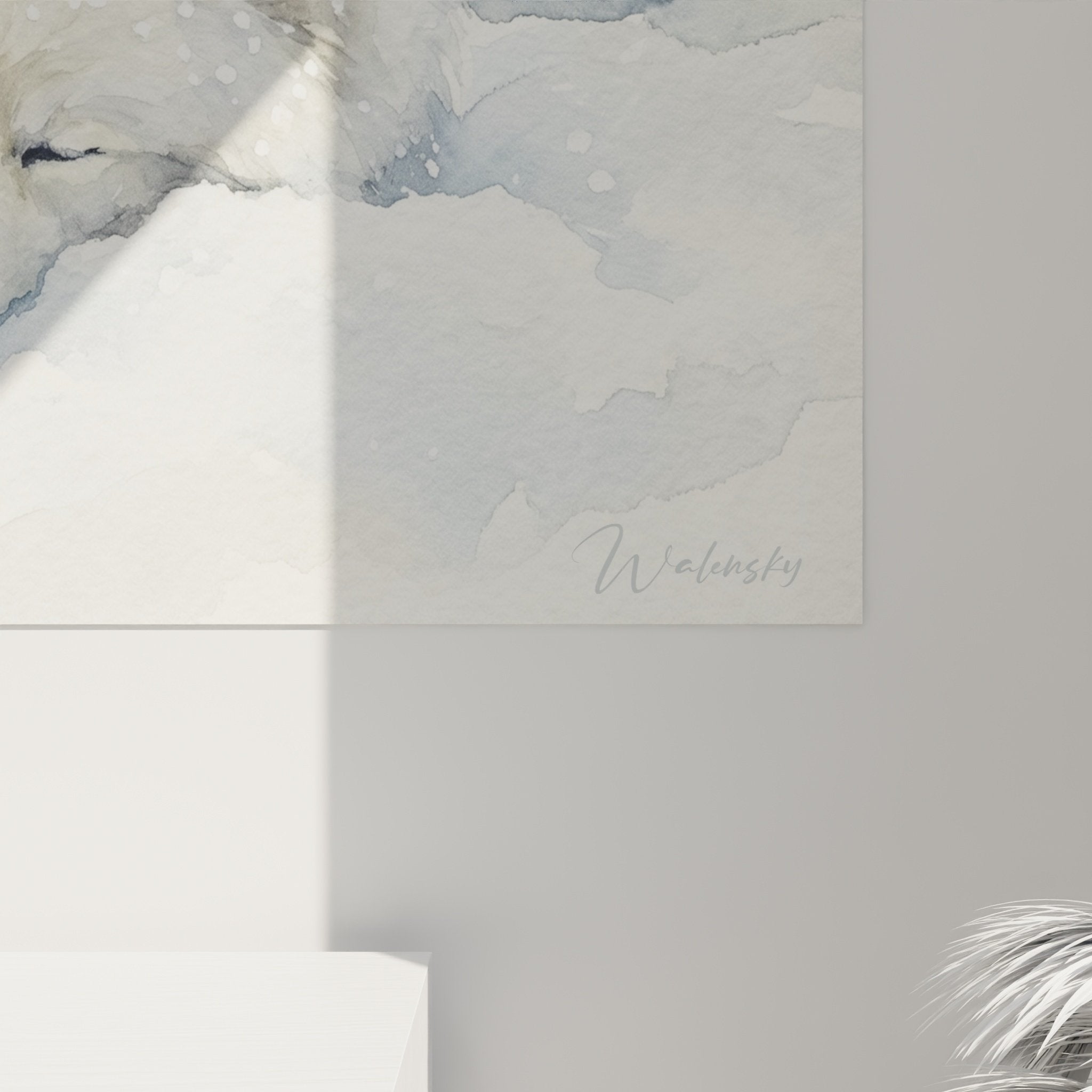 Vue ensemble tableau chien blanc hivernal decoration murale salon style cocooning