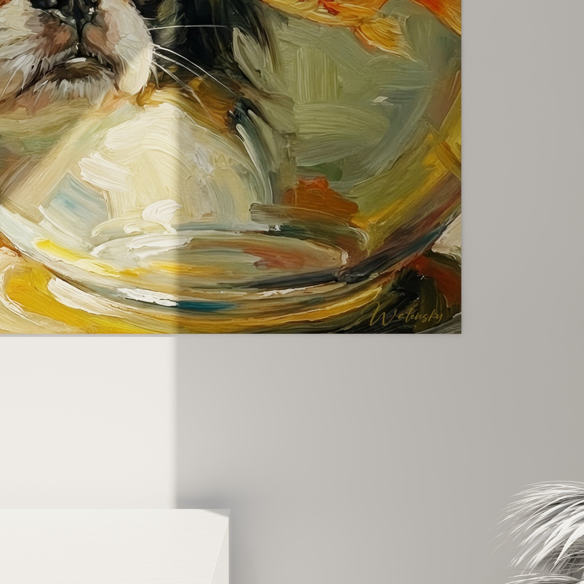 Vue ensemble tableau épagneul japonais curieux face aquarium, décoration murale attendrissante