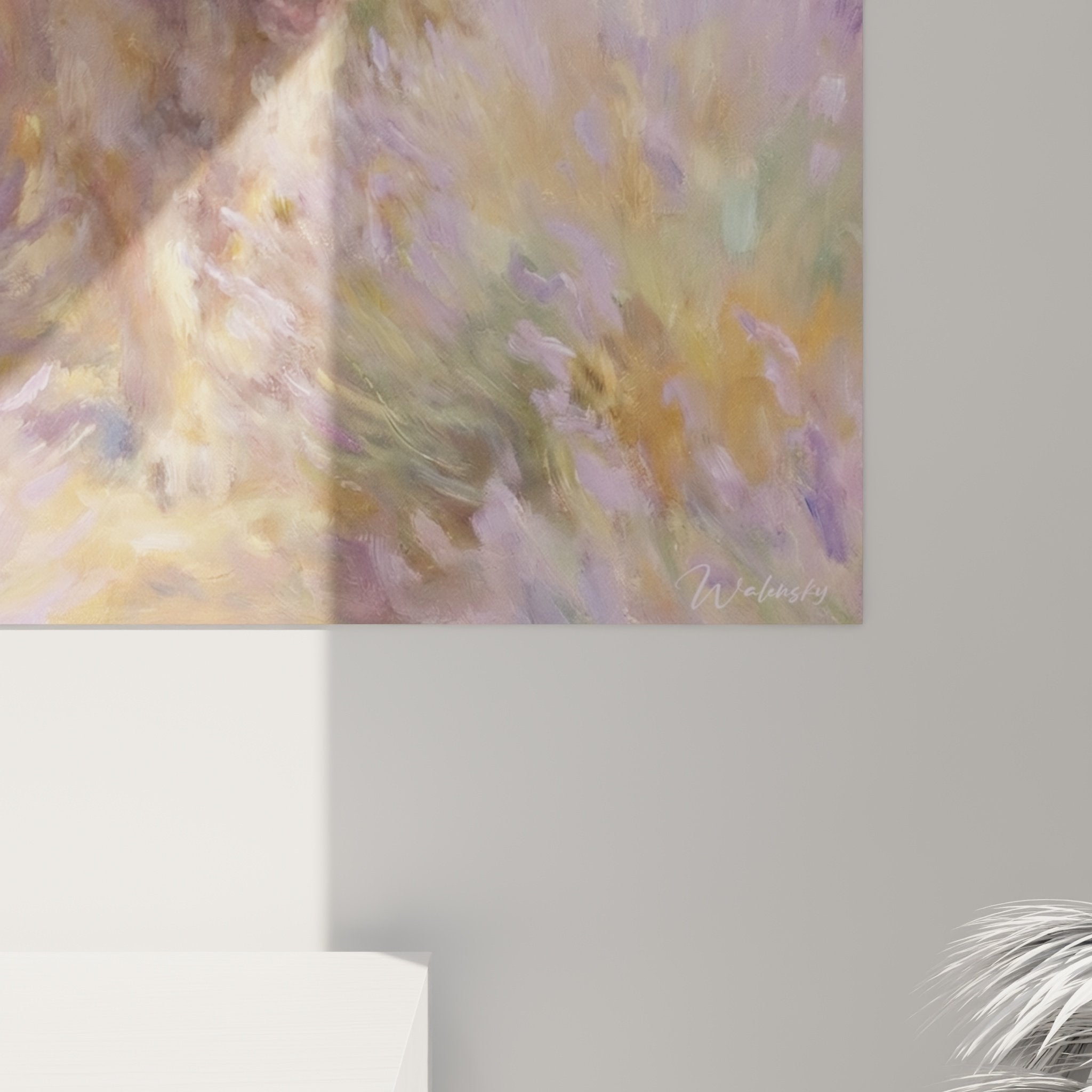 Vue ensemble tableau chien Leonberg impressionniste violet or décoration murale artistique