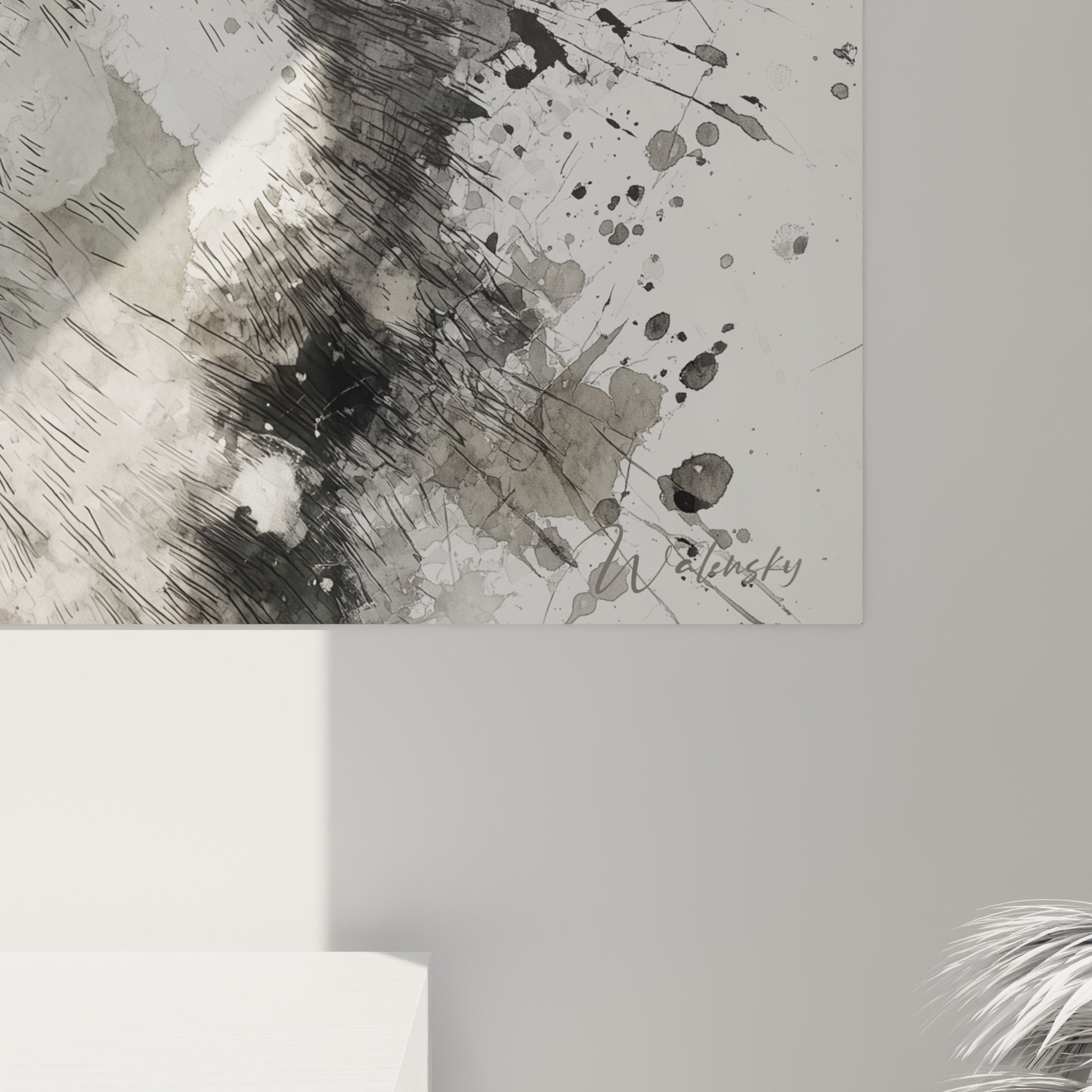 Vue ensemble tableau portrait chien nordique noir blanc eclaboussures artistiques grises