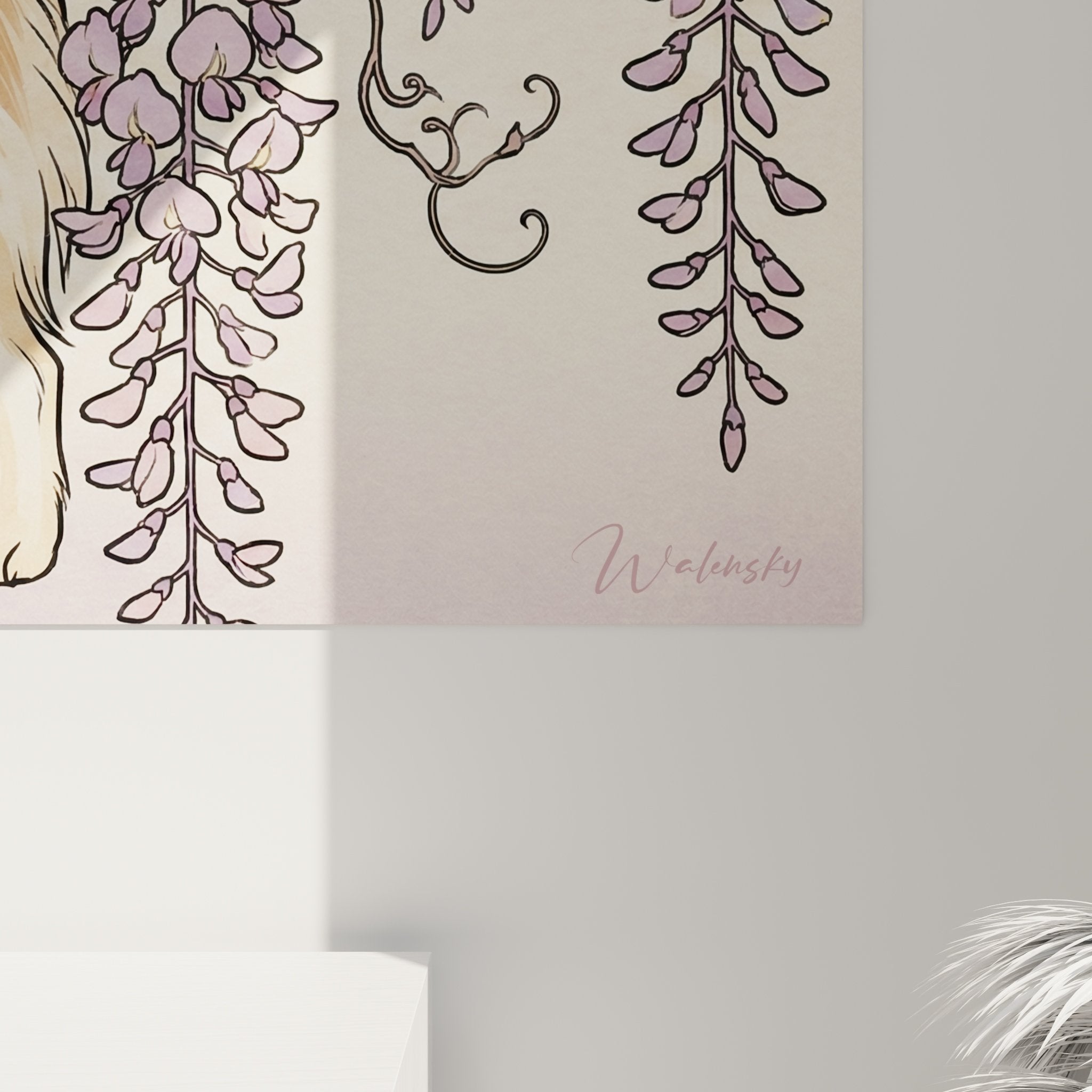 Overall view dog butterfly wisteria pink purple flowers floral composition decorative wall art