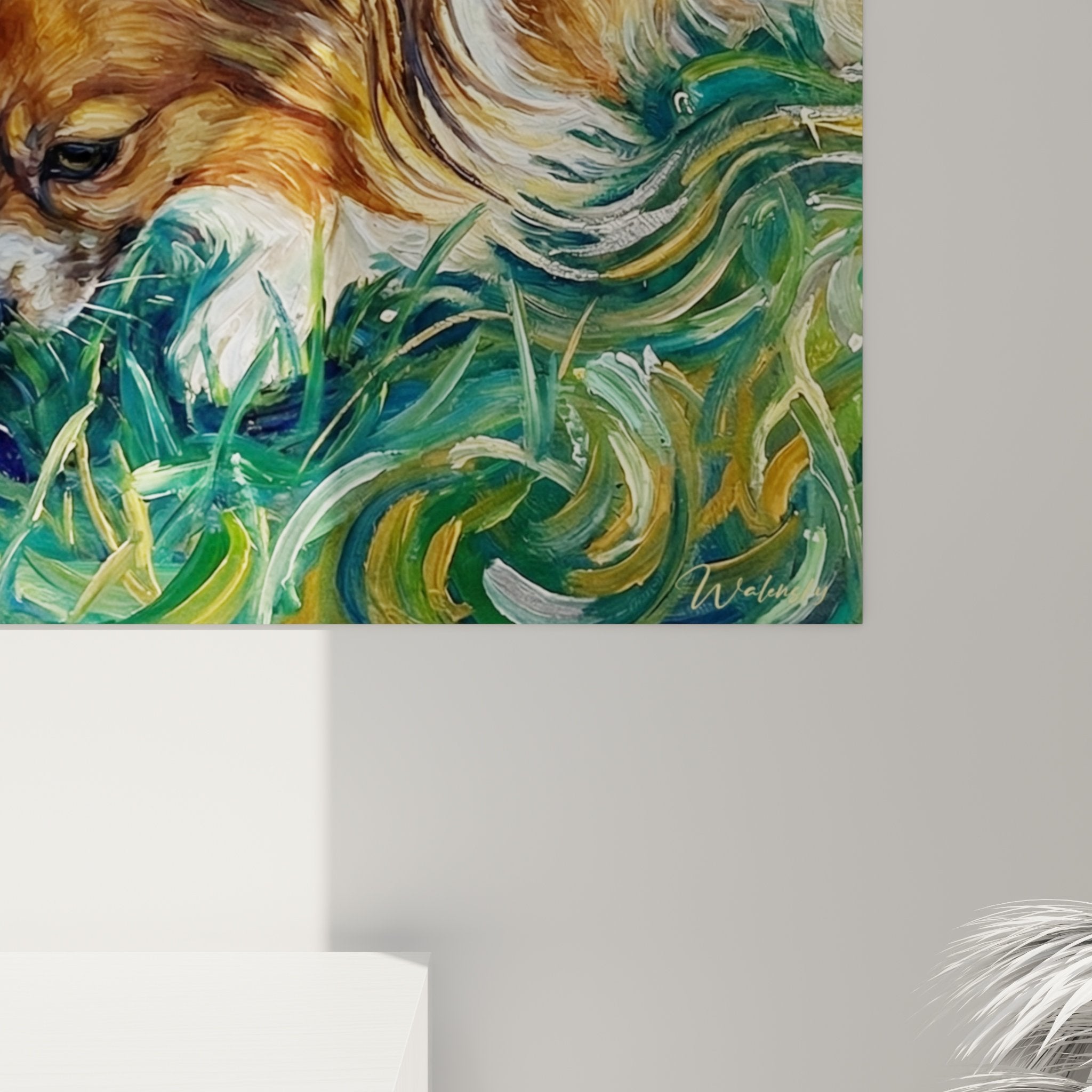 Gesamtansicht Wandgemälde Hund Schmetterling Erkundung Gras grüne Wirbel Innenraumdekoration