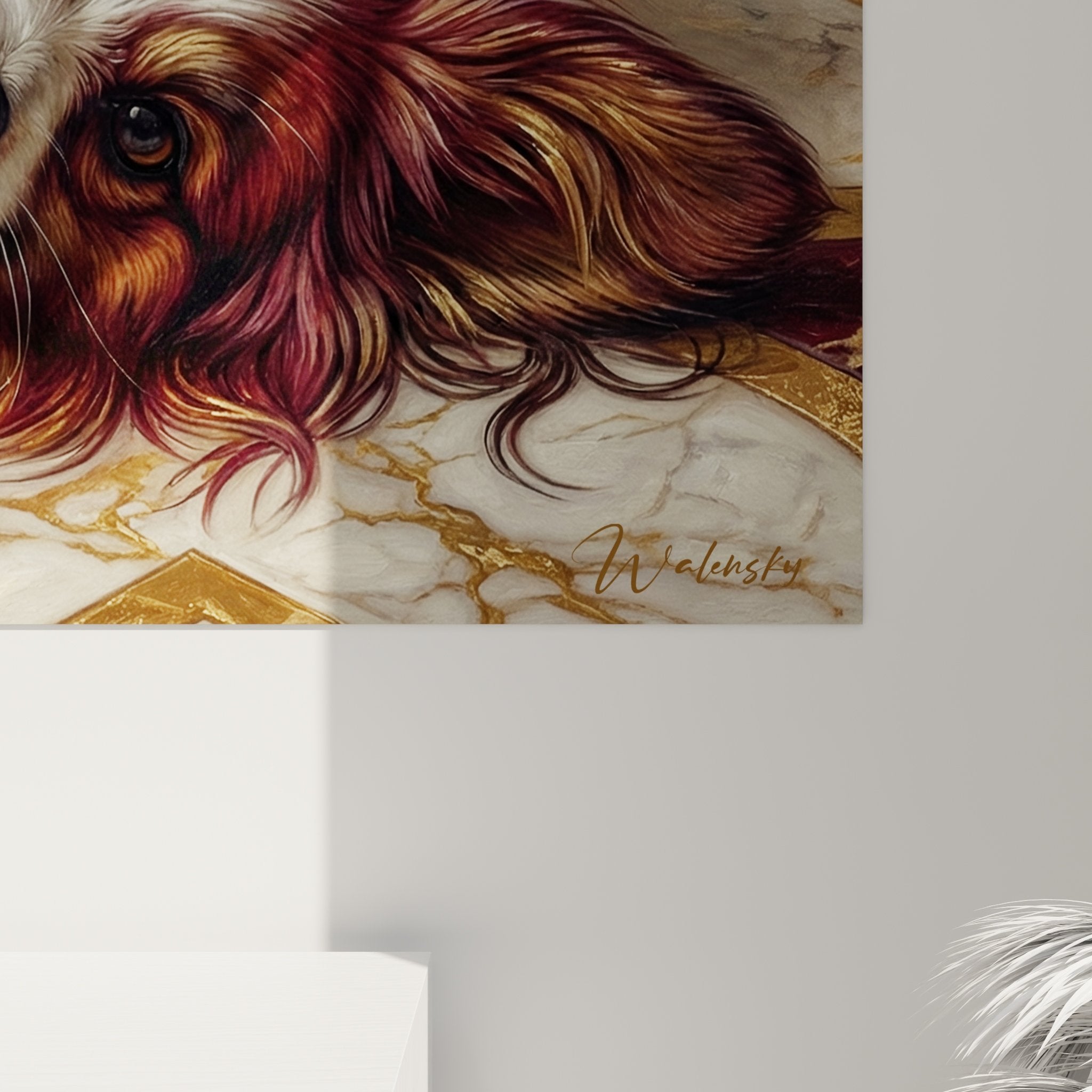 Overall view of aristocratic Butterfly Dog wall art on golden marble in prestigious interior