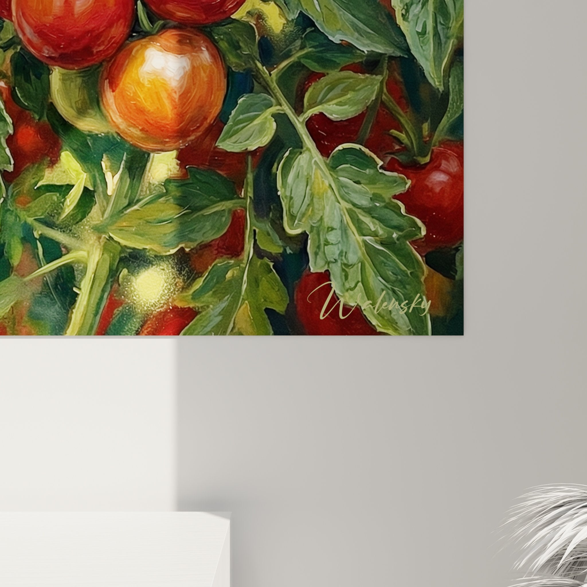 Vue ensemble tableau chien papillon jardin tomates décoration intérieure art mural nature gourmande