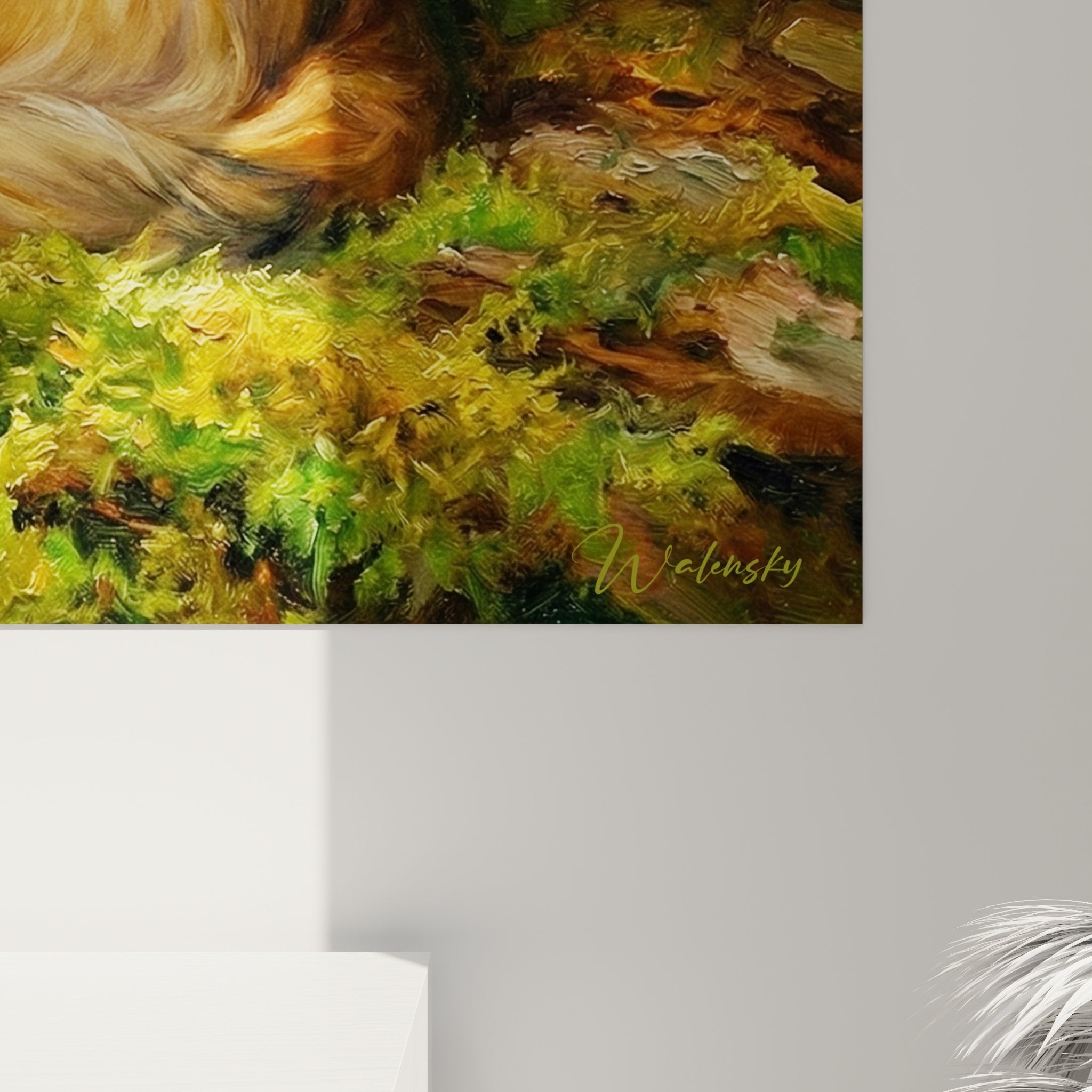 Vue ensemble tableau chien papillon endormi mousse decoration murale tons verts dores ambiance naturelle repos