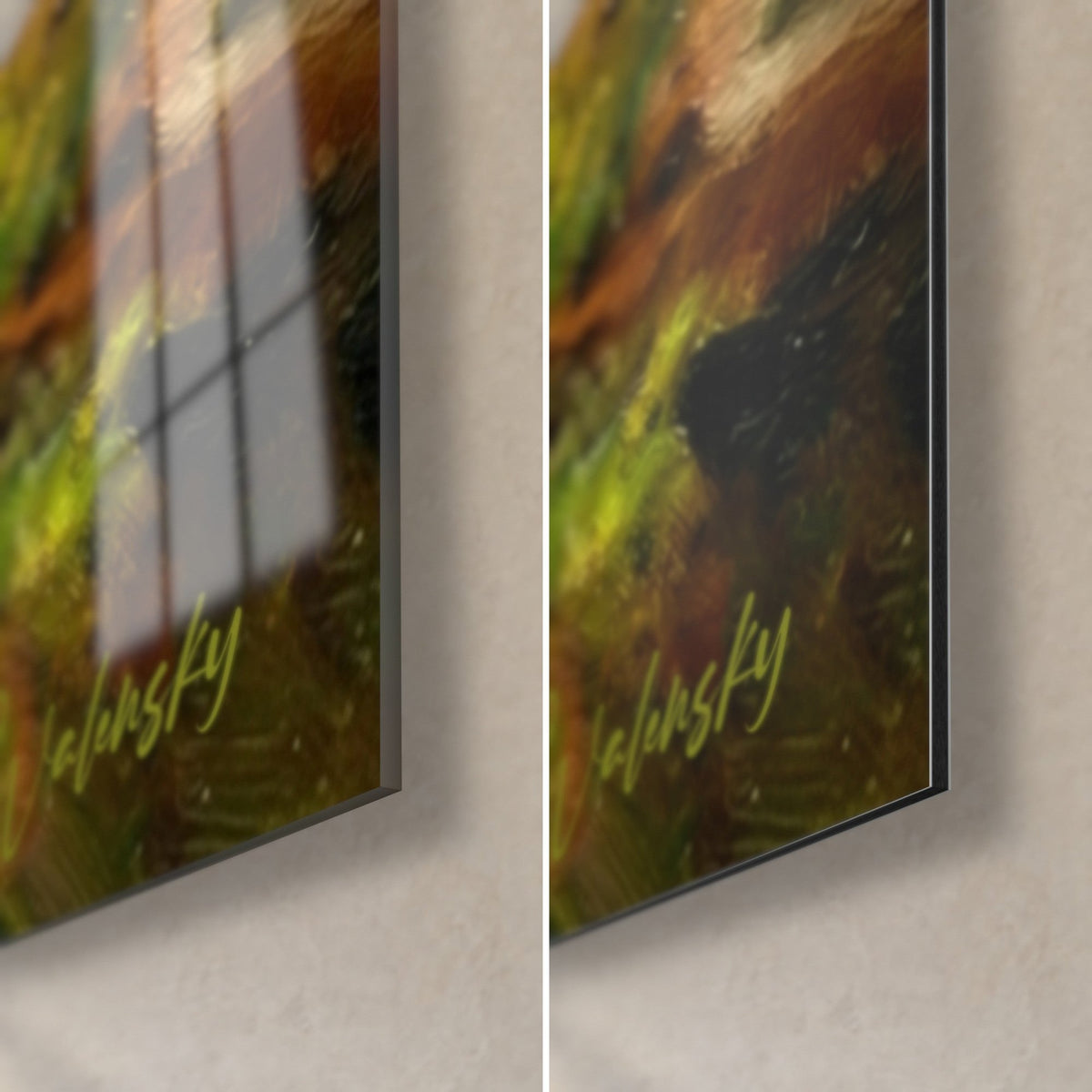 Schilderij koperkleurige papillon-hond in groen mos, rechtsonder: glanzend acrylglas dat het raam weerspiegelt, mat zwart Dibond-aluminium, rand van 3 mm