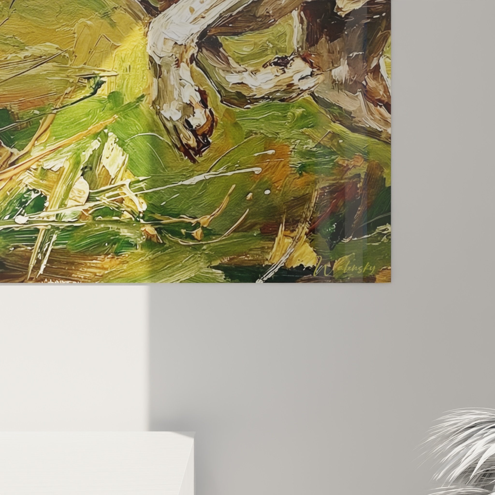 Vista d'insieme quadro cane da caccia in prato, arte murale decorativa stile impressionista