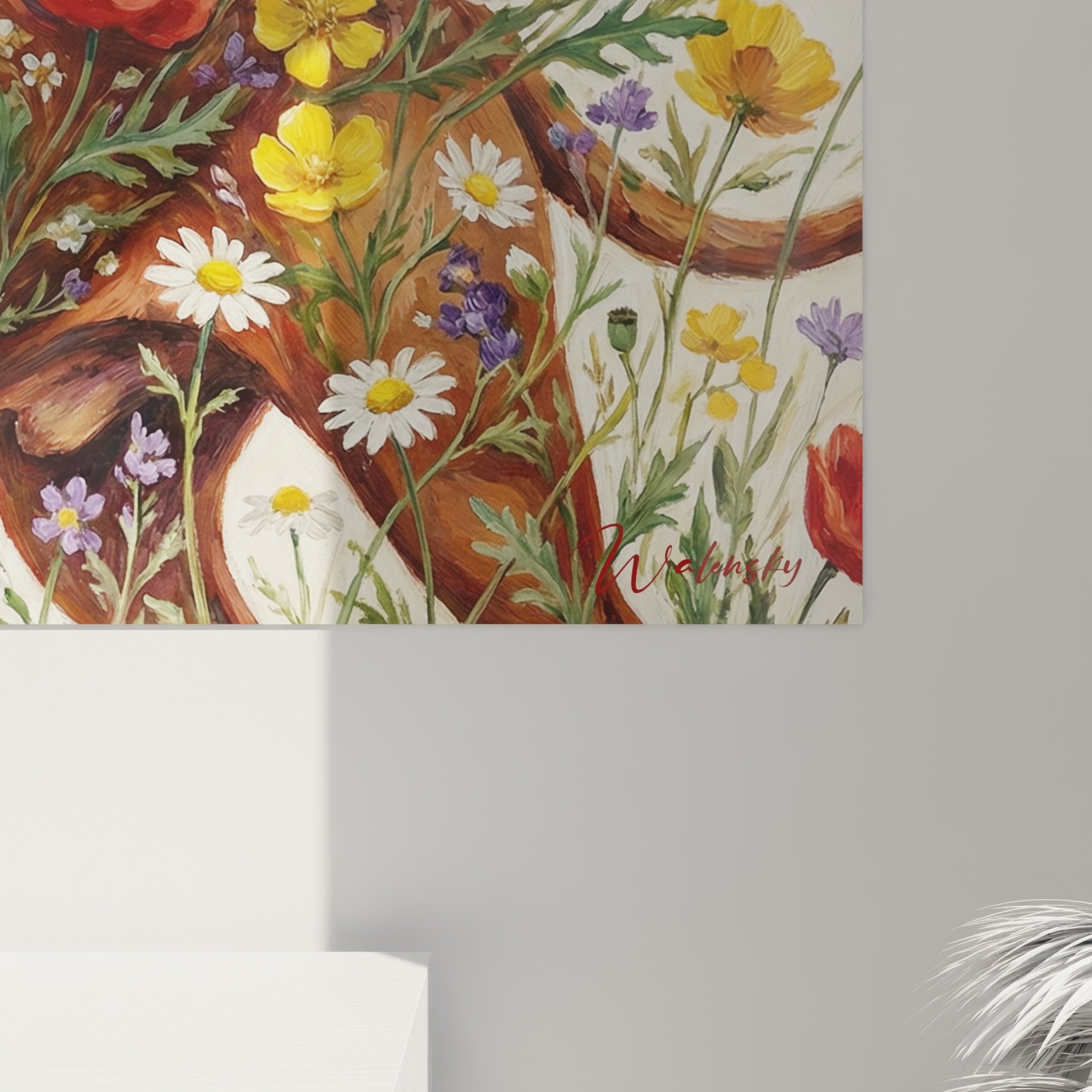 Vue ensemble tableau staffordshire fleurs sauvages composition florale chien portrait art contemporain mural