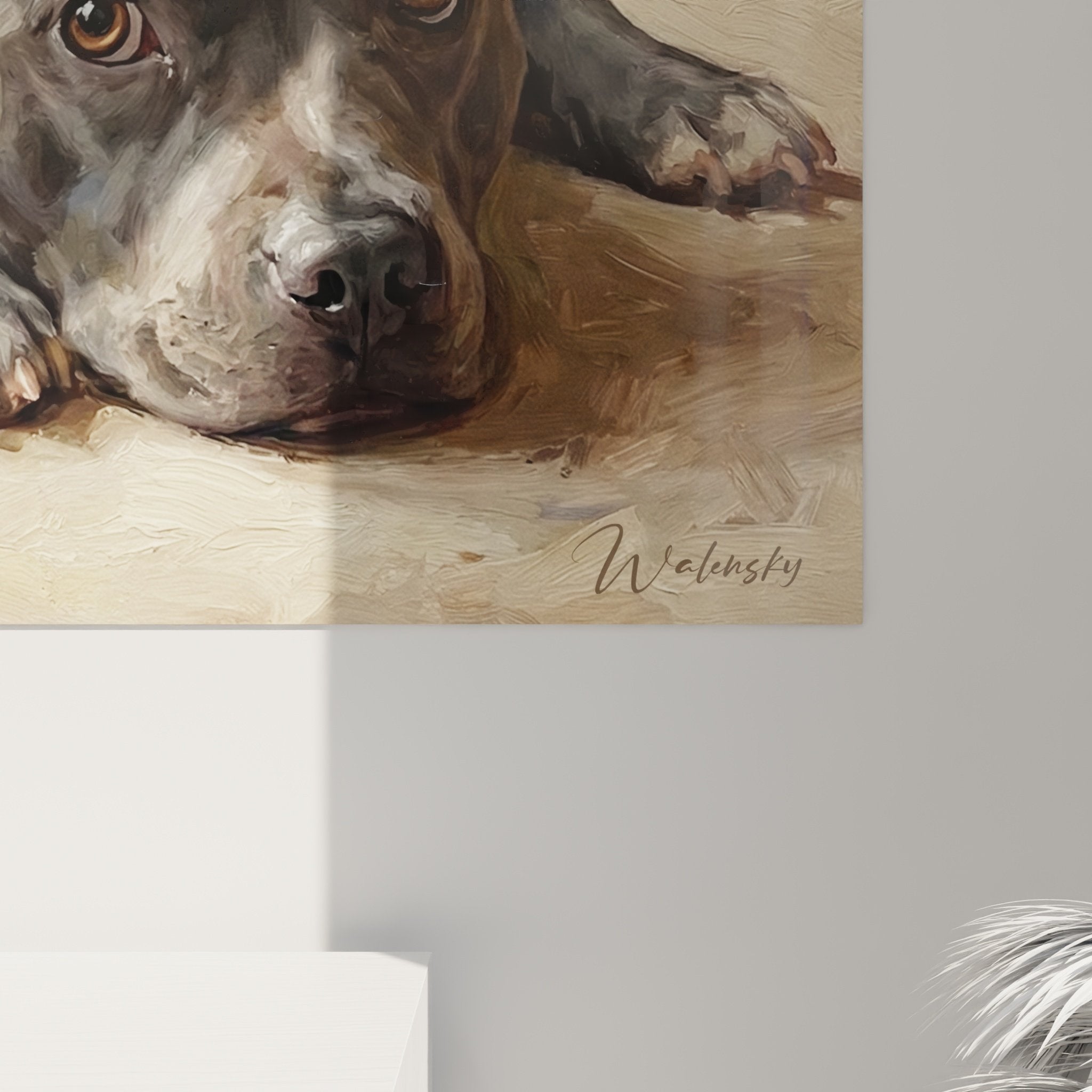 Vue ensemble tableau art canin Staffordshire Bulle Terrier décoration intérieure style naturel chaleureux authentique