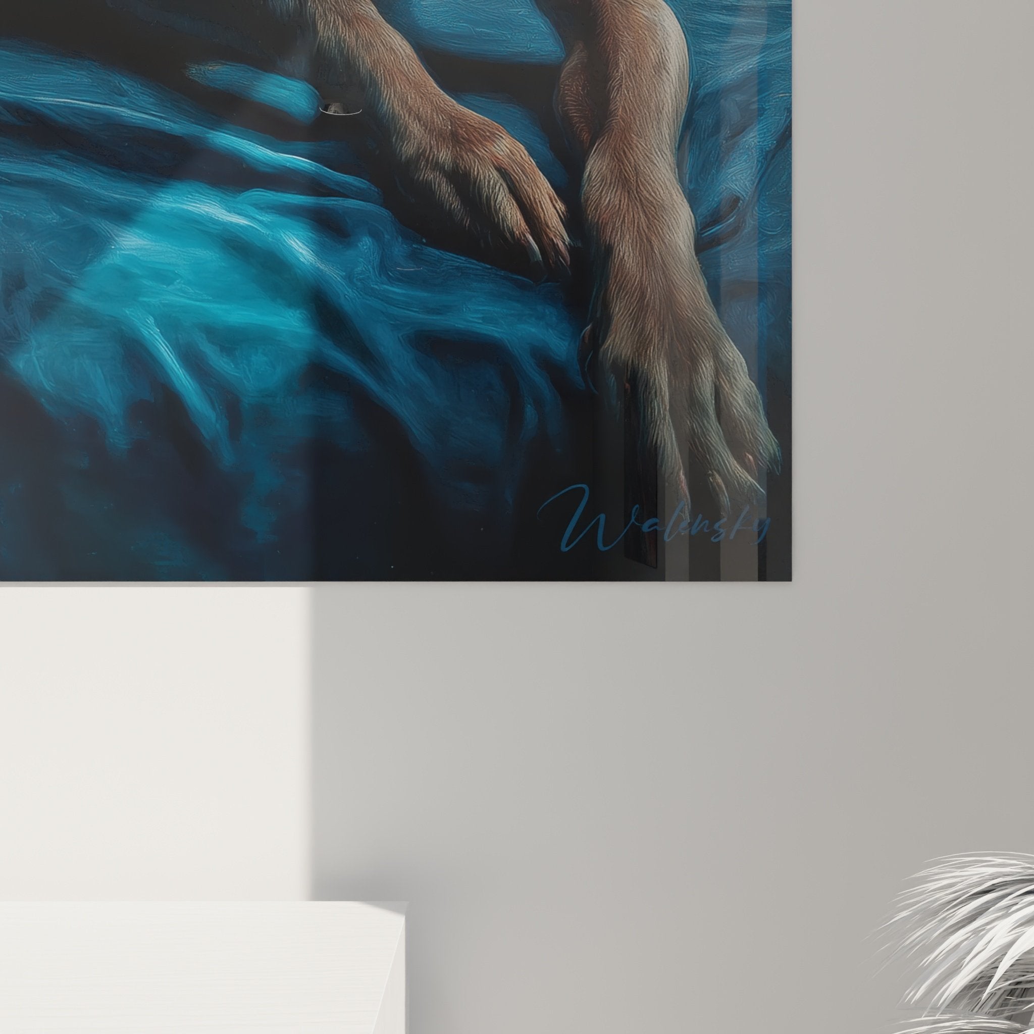 Vue ensemble tableau chien weimaraner decoration chambre moderne tons bleus gris