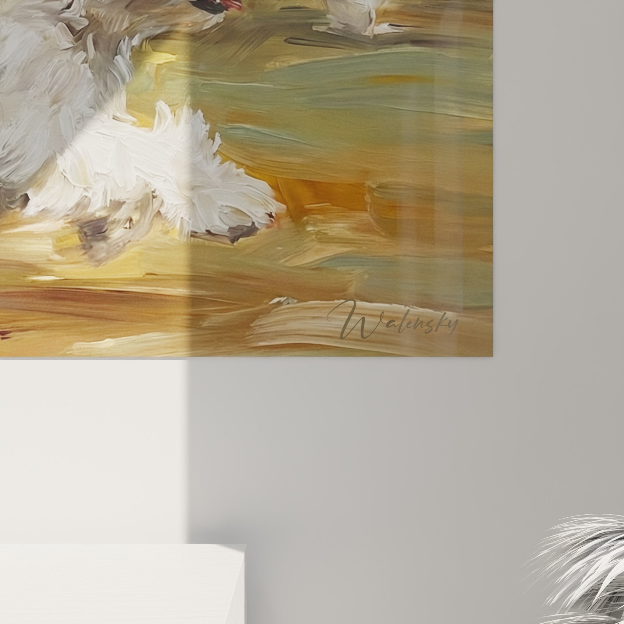 vue ensemble tableau trois chiens blancs course campagne palette couleurs ocre vertes