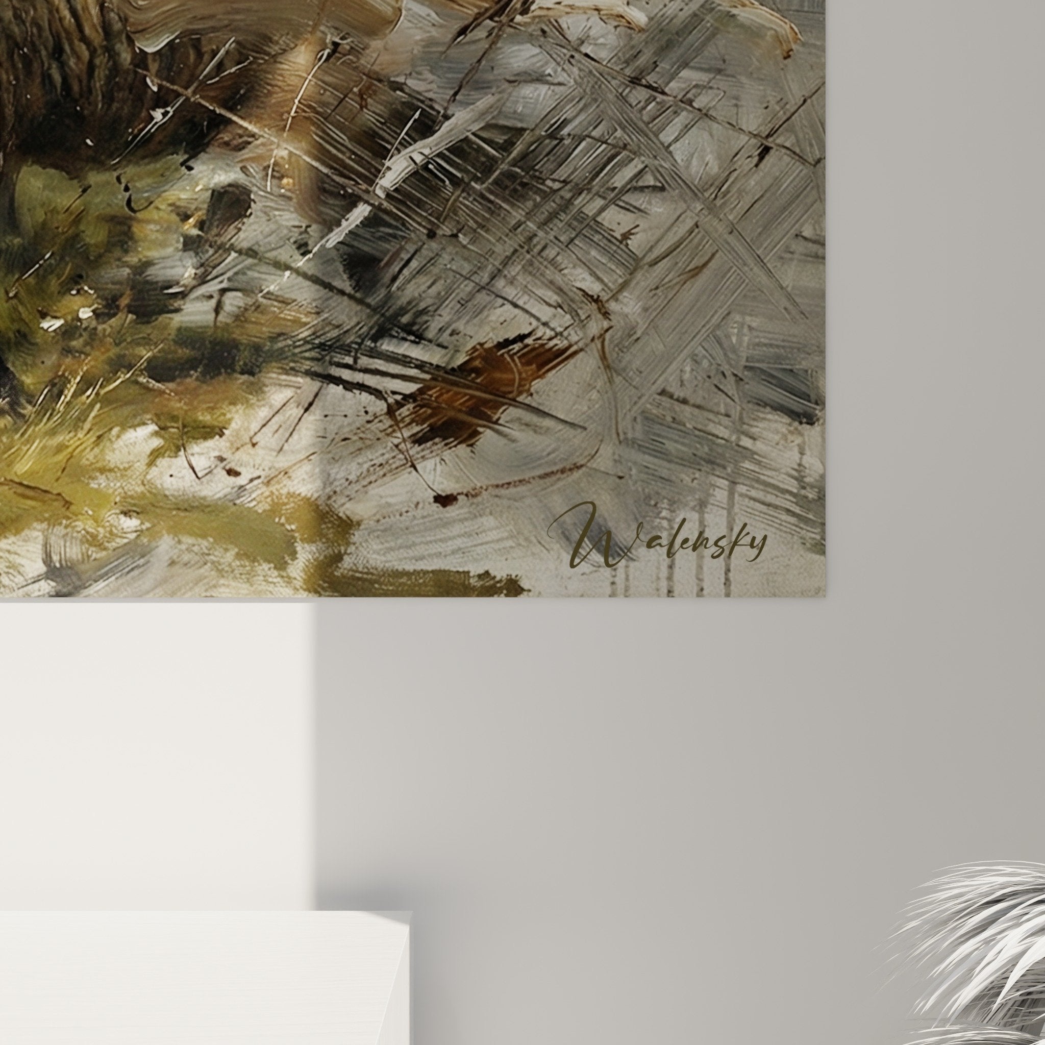 Vue ensemble tableau chiens tempête salon decoration murale art dramatique tons chauds berger picard