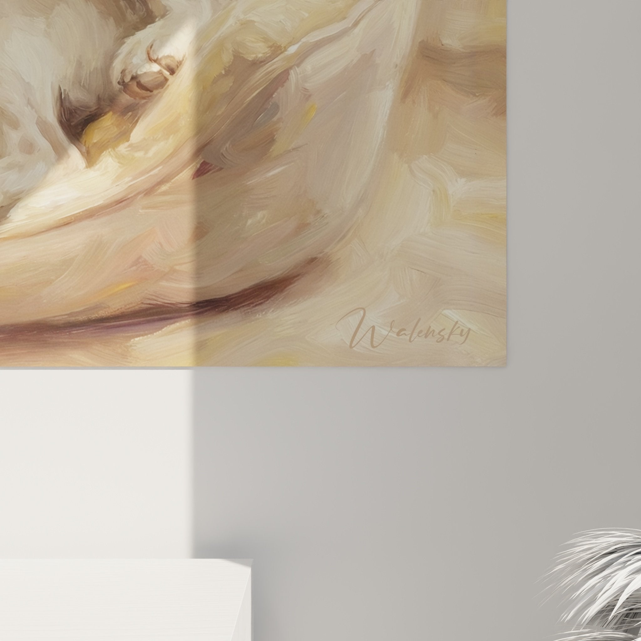 Vue ensemble tableau chiens panier salon moderne décoration murale tons neutres harmonie coloris