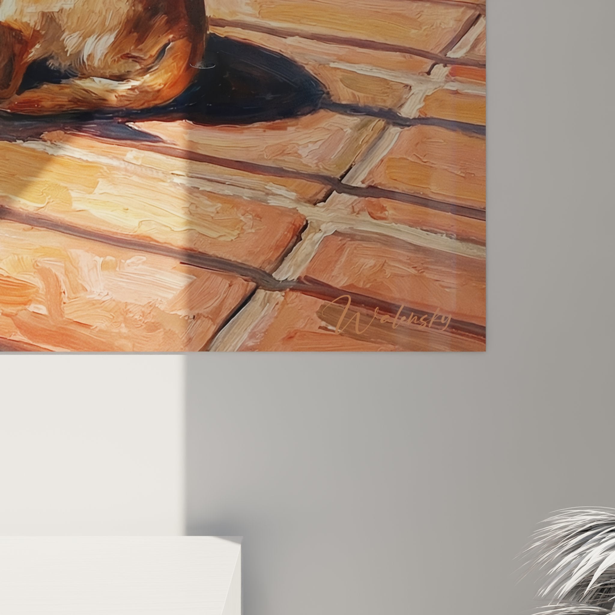 Vue ensemble tableau chihuahua endormi terrasse mediterraneenne pots terre cuite vegetation