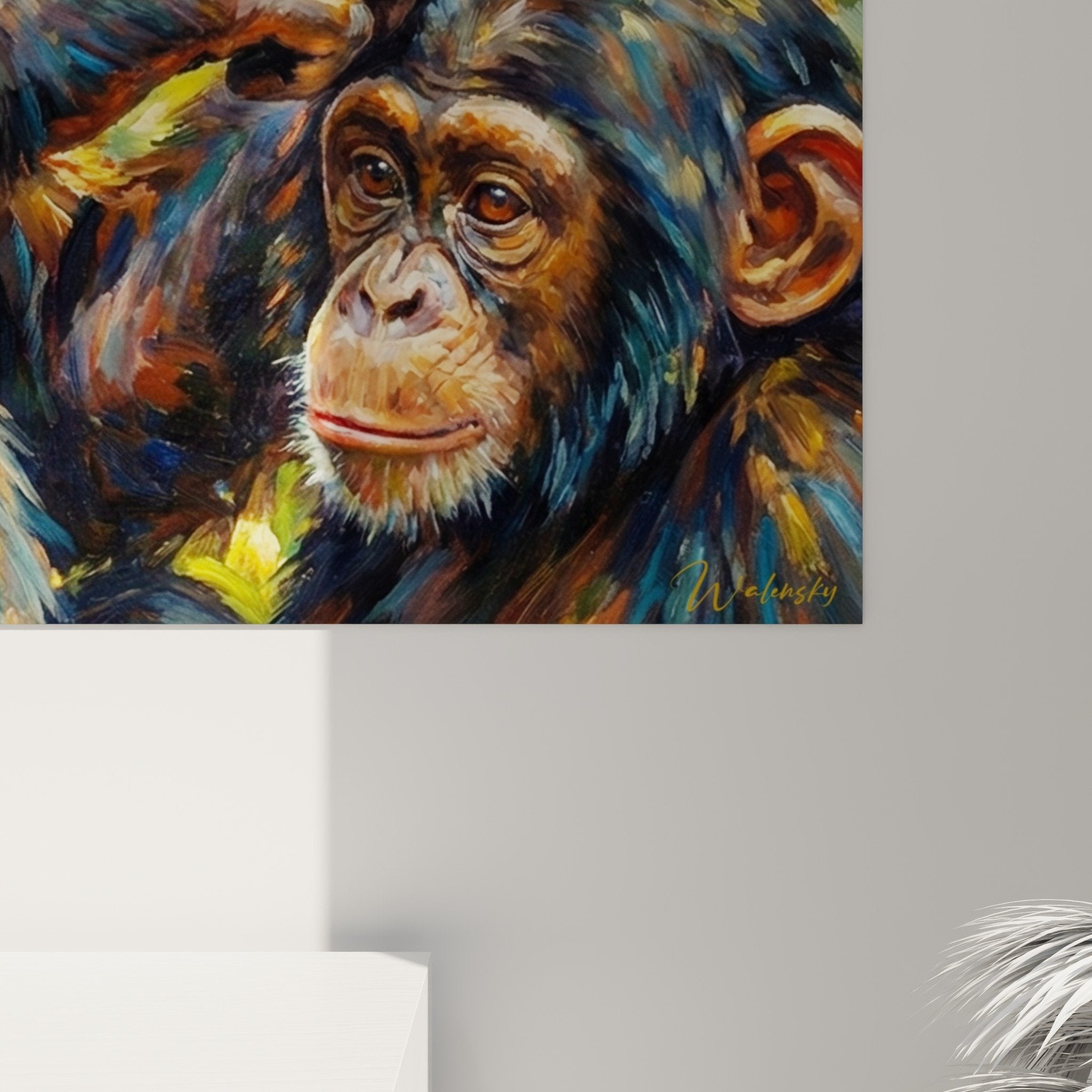 Vue ensemble tableau duo chimpanzes salon decoration murale tons chauds