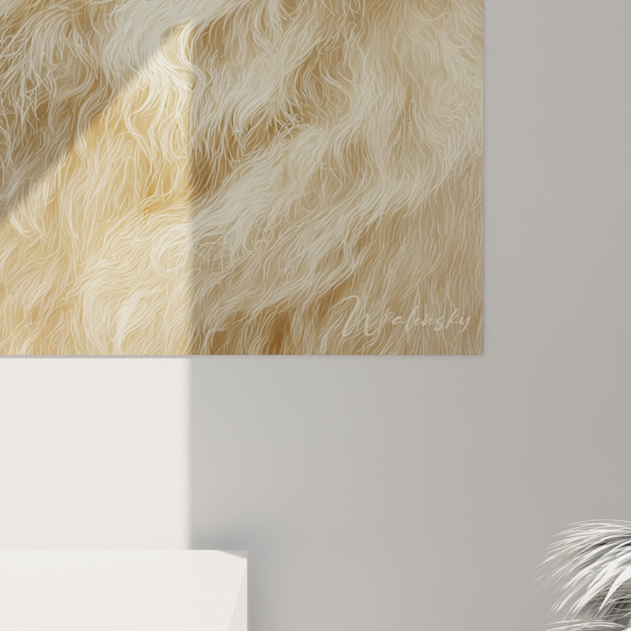 Vue ensemble tableau mural Chow Chow portrait animalier tons dores integration decoration interieure moderne