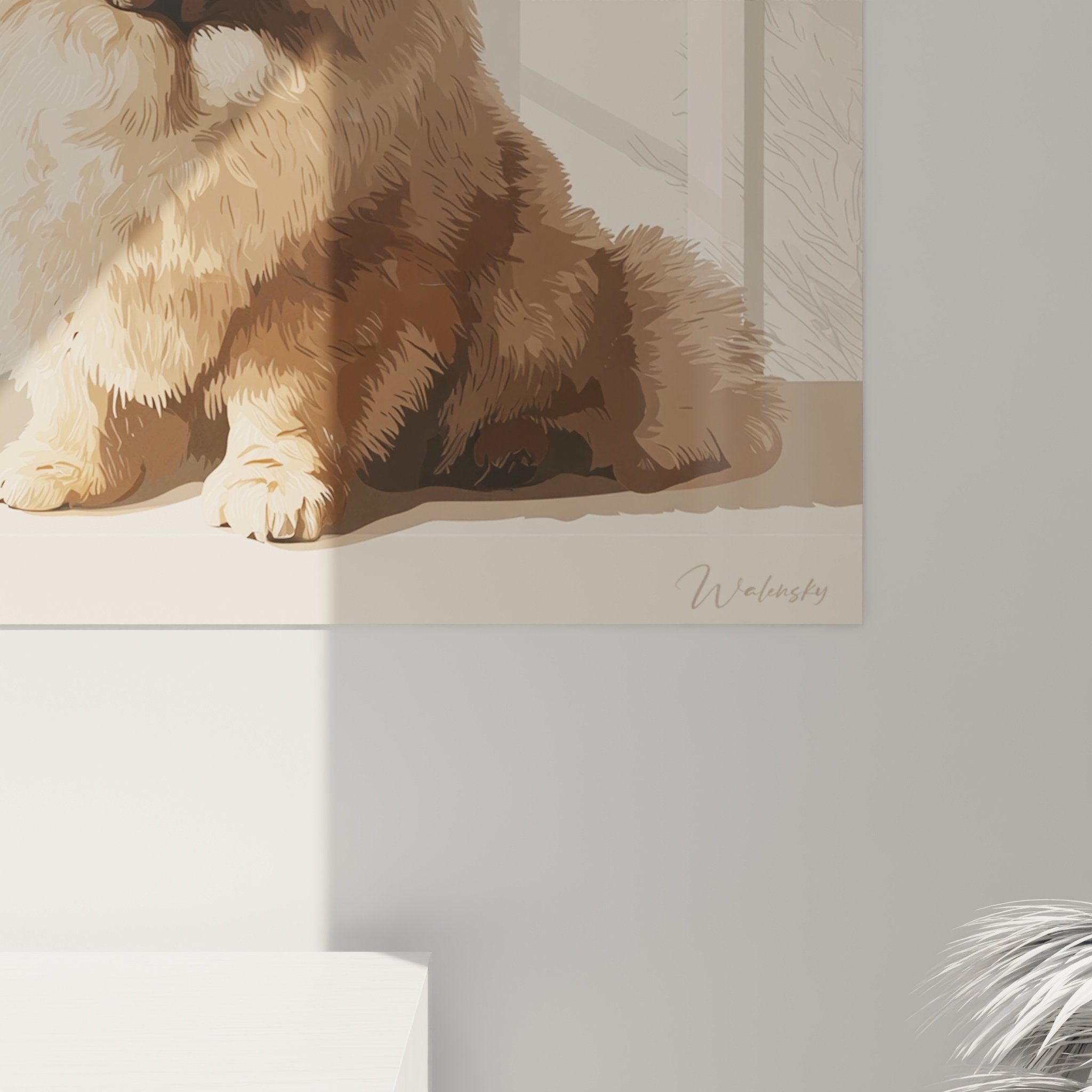 Vue ensemble tableau chow chow dans salon moderne décoration minimaliste tons neutres