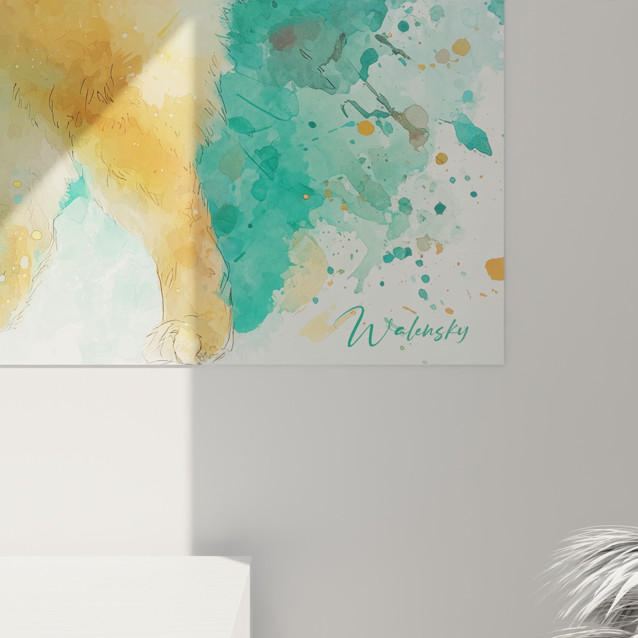 Vue ensemble tableau chow chow style aquarelle moderne tons chauds froids harmonieux