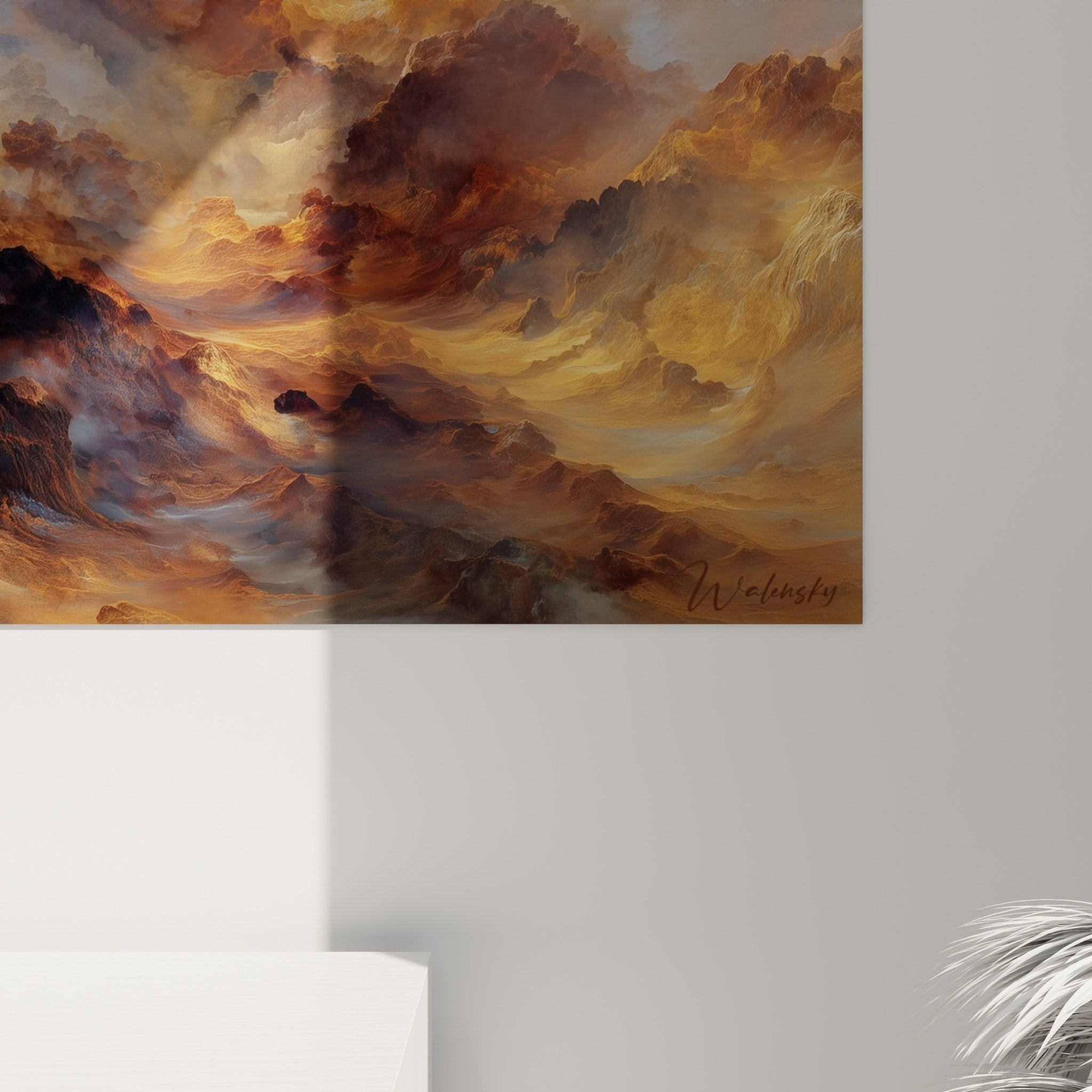 Complete view dramatic sky painting copper clouds living room feng shui south fire element