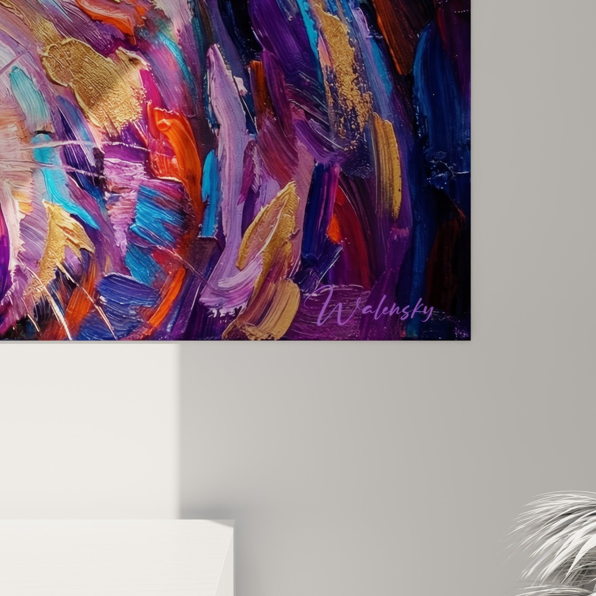 Übersicht expressionistisches Schwein-Gemälde violett rosa gold, zeitgenössisches dekoratives Wandkunstwerk